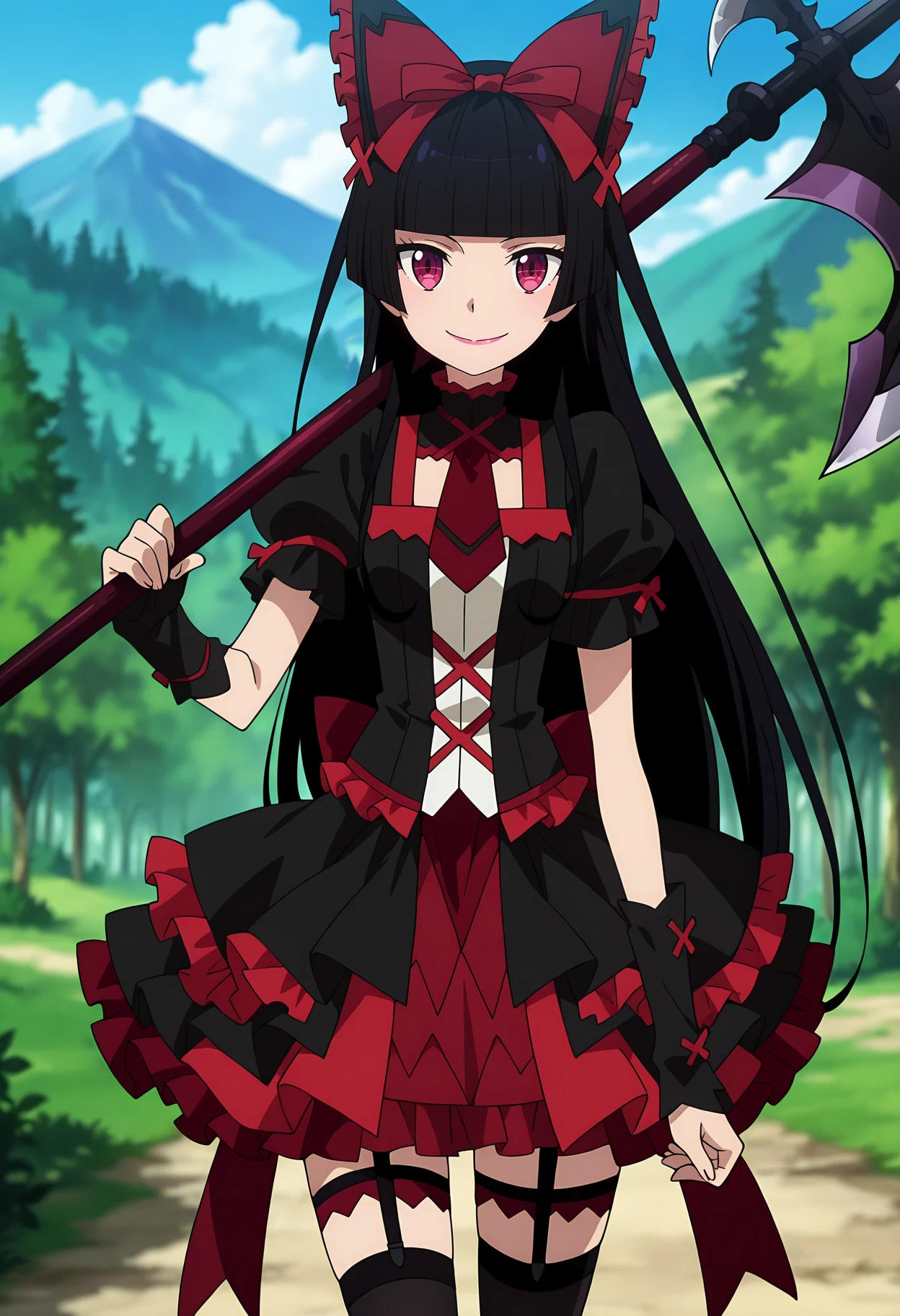 anime screencap, masterpiece, best quality,
<lora:GATE_RoryMercury_IlluXL:0.9>,
1girl, solo, closed mouth, smile,
hime cut, long hair, blunt bangs, black hair, multicolored eyes, lips,
hair bow,
multicolored dress, frilled dress, cross-laced dress, red necktie, puffy short sleeves, ribbon trim, black arm warmers,
layered skirt, frilled skirt, garter straps, thigh strap, black thighhighs,
holding weapon, halberd, huge weapon, weapon over shoulder,
walking, arm at side, looking at viewer, cowboy shot,
mountain, blue sky, cloudy sky, nature, forest, blurry background