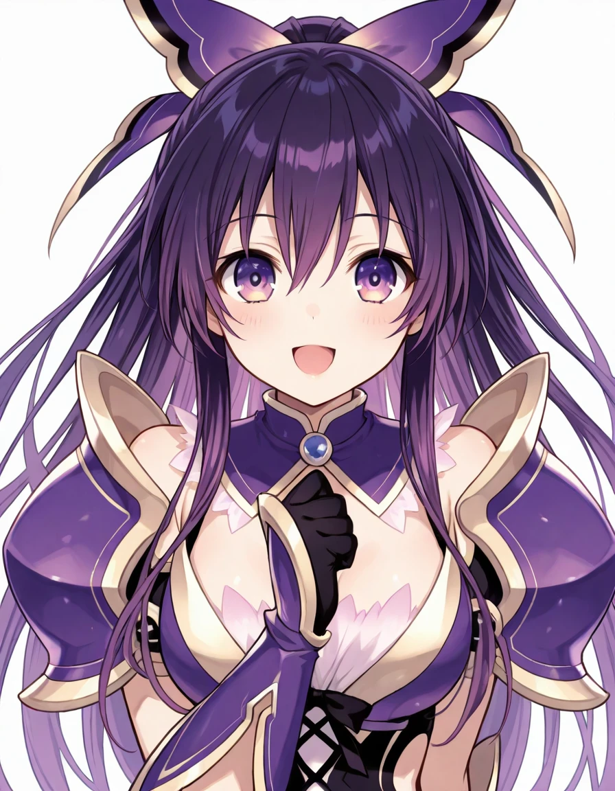 (extremely detailed CG unity 4k wallpaper),(masterpiece),(best quality),(ultra-detailed),(best illustration),(best shadow),(absurdres),(detailed background) <lora:OGT_Tohka_Yatogami-v2:0.7> Tohka Yatogami, 1girl, solo, breasts, purple eyes, long hair, cleavage, purple hair, looking at viewer, medium breasts, upper body, bow, hair ornament, hair between eyes