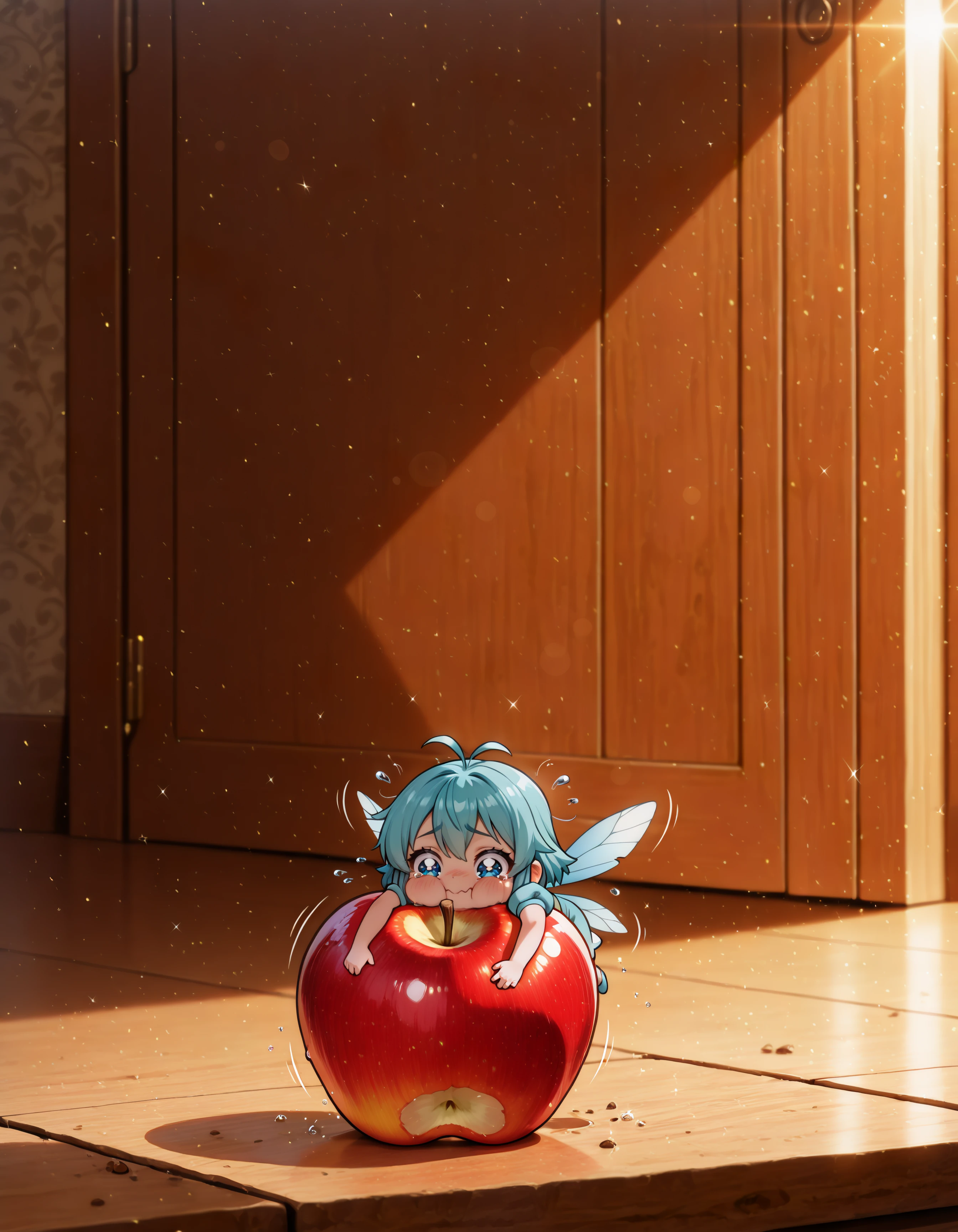 1girl, solofocus, fairy_ast, fairy, size difference, minigirl, miniature, micro body, trying to lift a large apple, effort, failing, innocent expression, teary, sad, motion lines, wings flapping, flying,, (ultra kawaii), antenna, chubby face, expressive eyes,
(masterpiece, best quality, absurdres), masterpiece, highres, perfect anatomy, anime style, photorealistic, ultra realistic details, detailed skin, 8k wallpaper, AI Image Upscaling, beautiful composition, (extremely detailed cg), perfect lighting, dynamic angle, (sharp image),