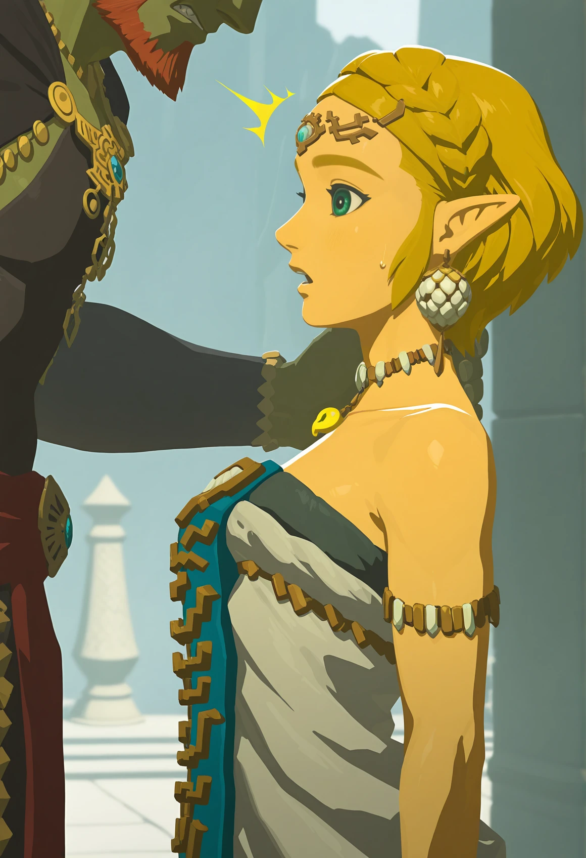amazing quality,very aesthetic,absurdres,best quality,newest,masterpiece,4k resolution, absurdres, highres, detailed background,
<lora:Princess_Zelda_ILXL:0.8> 1girl, princess zelda, blonde hair, pointy ears, totk, short hair, forehead jewel ,magatama necklace, earrings, dress,bare shoulders, white dress, solo, surprised, multiple boys, ganondorf, from side, holding neck,