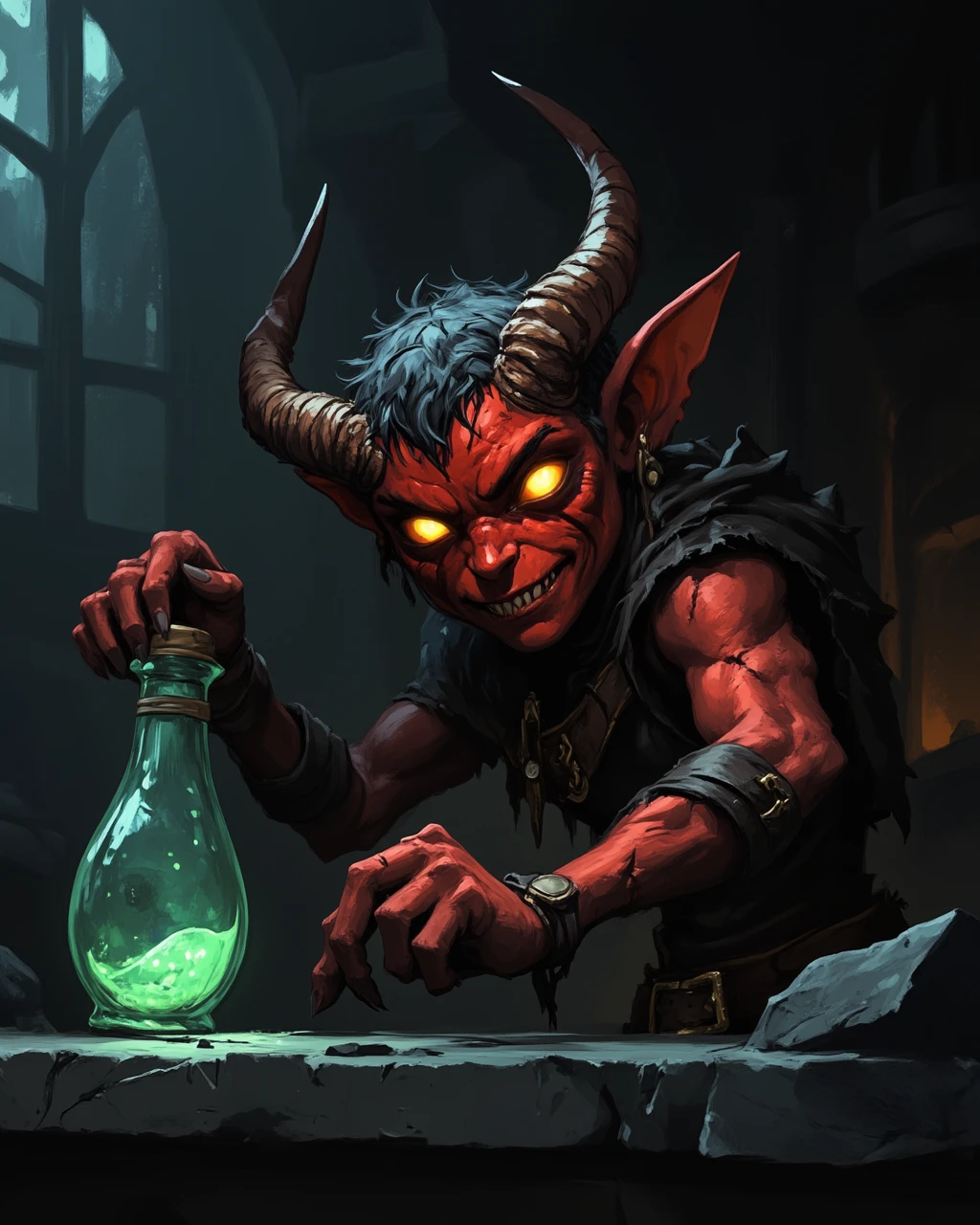 wc1dnd_style, in the style of cksc, Digital painting, a close-up of a small, mischievous imp with leathery red skin and sharp, curling horns, crouched on the edge of a cracked potion bottle. Its tiny claws clutch a glowing green vial, and its glowing yellow eyes gleam with malice as faint wisps of smoke rise from the bottle.
<lora:Flux.Digital_Painting_DnD:1> <lora:ck-shadow-circuit-000021:0.4>