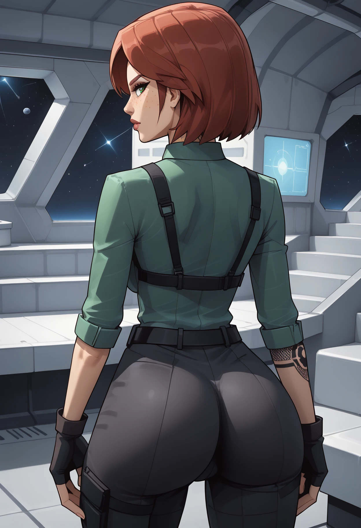 masterpiece, best quality, high detail, volumetric lighting, dark, shadow,<lora:NM_Carry_VH:1>, BREAK NM_Carry_VH, 1girl, solo, green eyes, short hair, red hair, freckles, breasts, large breasts, tattoo, lips, shirt, green shirt, cleavage, gloves, black gloves, fingerless gloves, holster, pants, black pants, belt, looking at viewer, spaceship background, space, ((large ass, bubble ass, ass focus)), from behind, (back view:1.5), looking back,<lora:nm_fitbutt_v2:1>, nm_fitbutt,