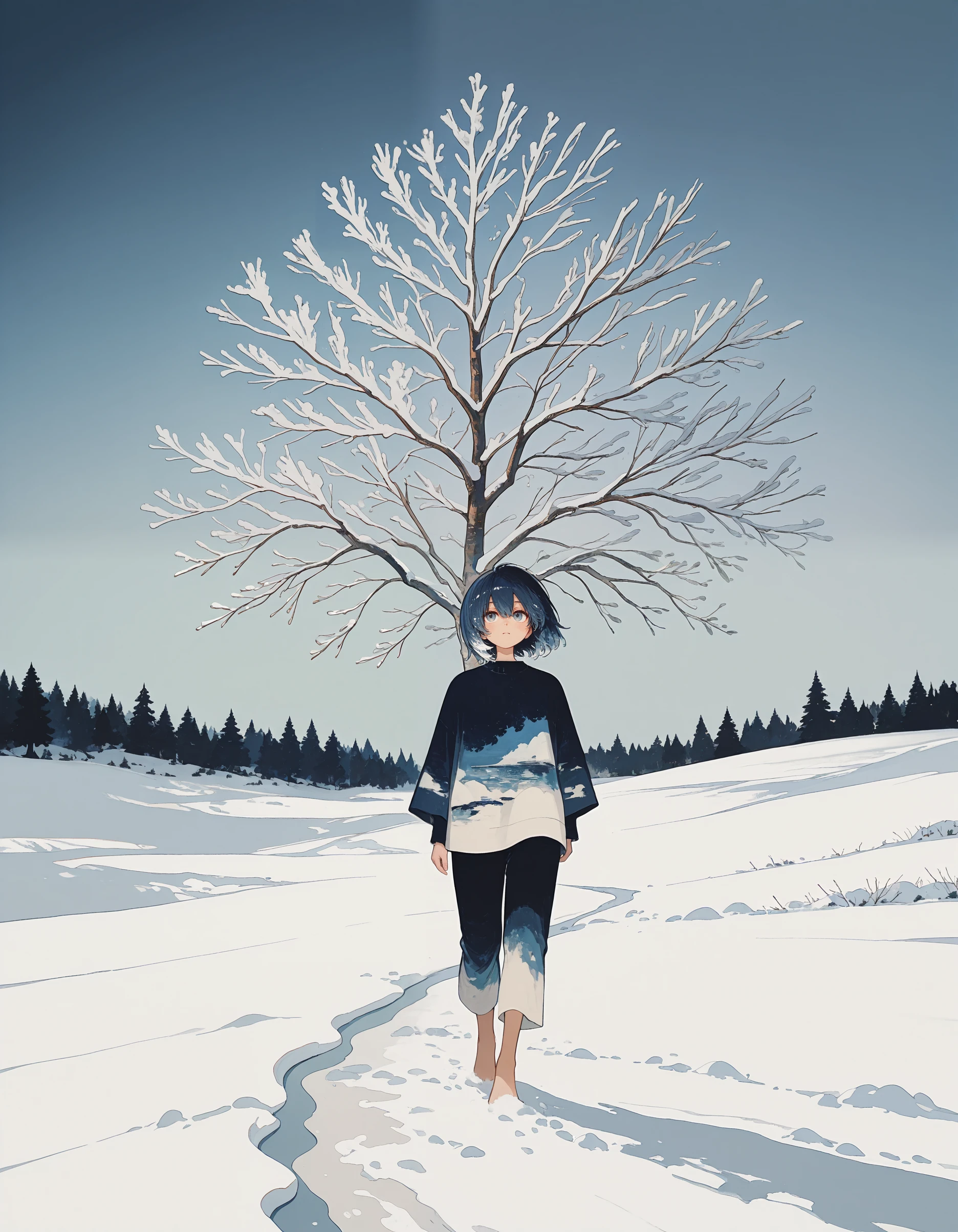 intricate details,masterpiece, very aesthetic, absurdres,newest,blending, traditional media,painting \(medium\),    k4_illu,Artistic illustration, bare feet walking on snow, minimalist style, navy blue and off-white color palette, abstract winter landscape, delicate tree branches, textured brushstrokes, Japanese-inspired composition, negative space, serene atmosphere, vertical format, simplified forms, ethereal mood, contemporary art print, <lora:ka_marukogedago:1>
