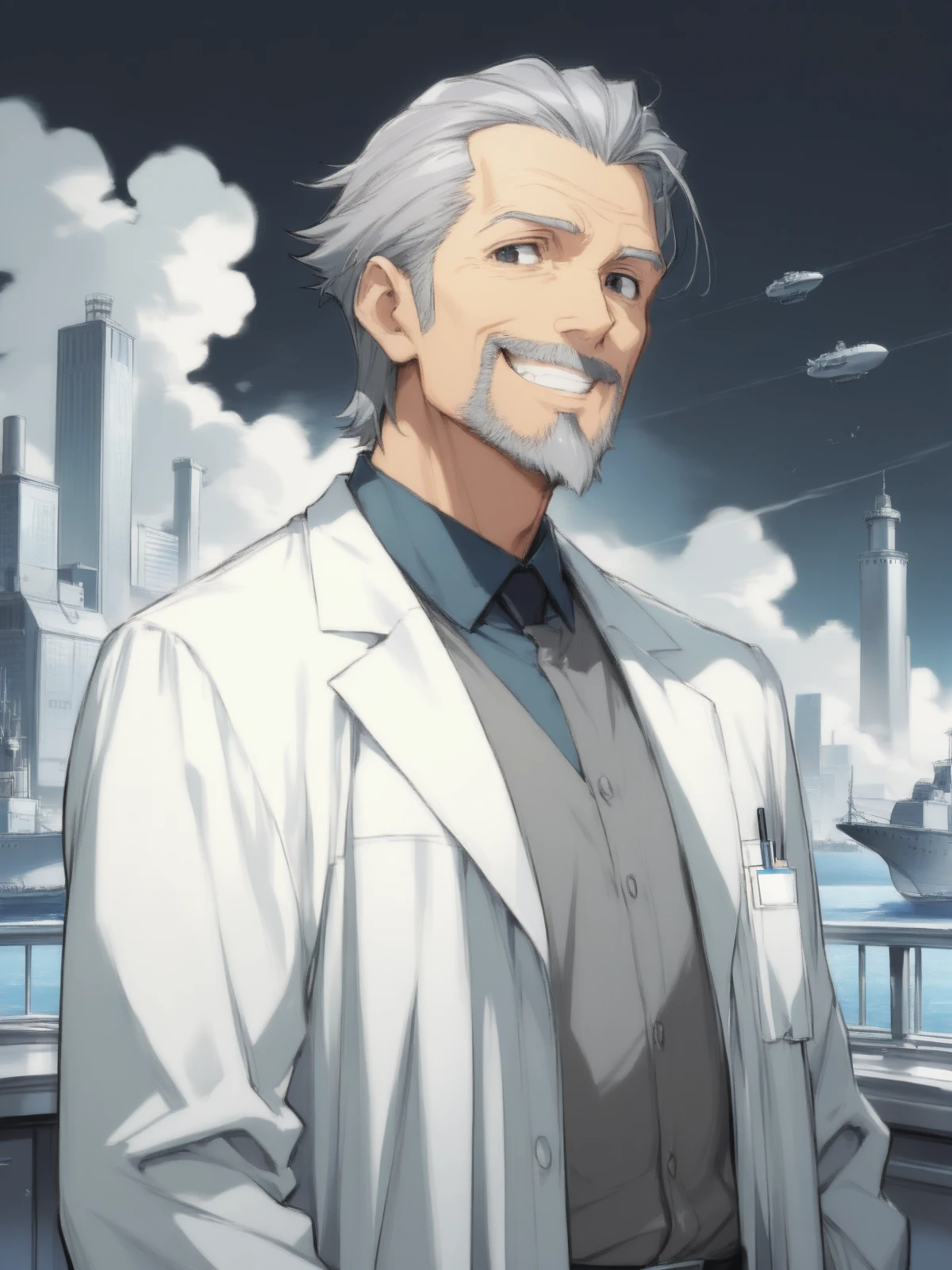 Best quality, Masterpieces, simple background, delicate anime-style illustration, (A weathered veteran male), (gray-haired in appearance), (rugged face), ((eyes are sharp but kind)), ((Short hair)) with a (mixture of gray hair). ((hair is carefully arranged in an all-back)), (wears a pomade), (well built), ((smart and yet strong)), (Dark eyes), neatly trimmed goatee, (handsome), intelligent and brave, (Doctor), Crisp, pressed white lab coat, Professional attire underneath, playful smile, Medium Shot, A grand industrial city featuring a colossal port for airships to dock and depart. Smoke rising from chimneys fills the air amidst the clamor of factories, while airships navigate through the bustling harbor.,