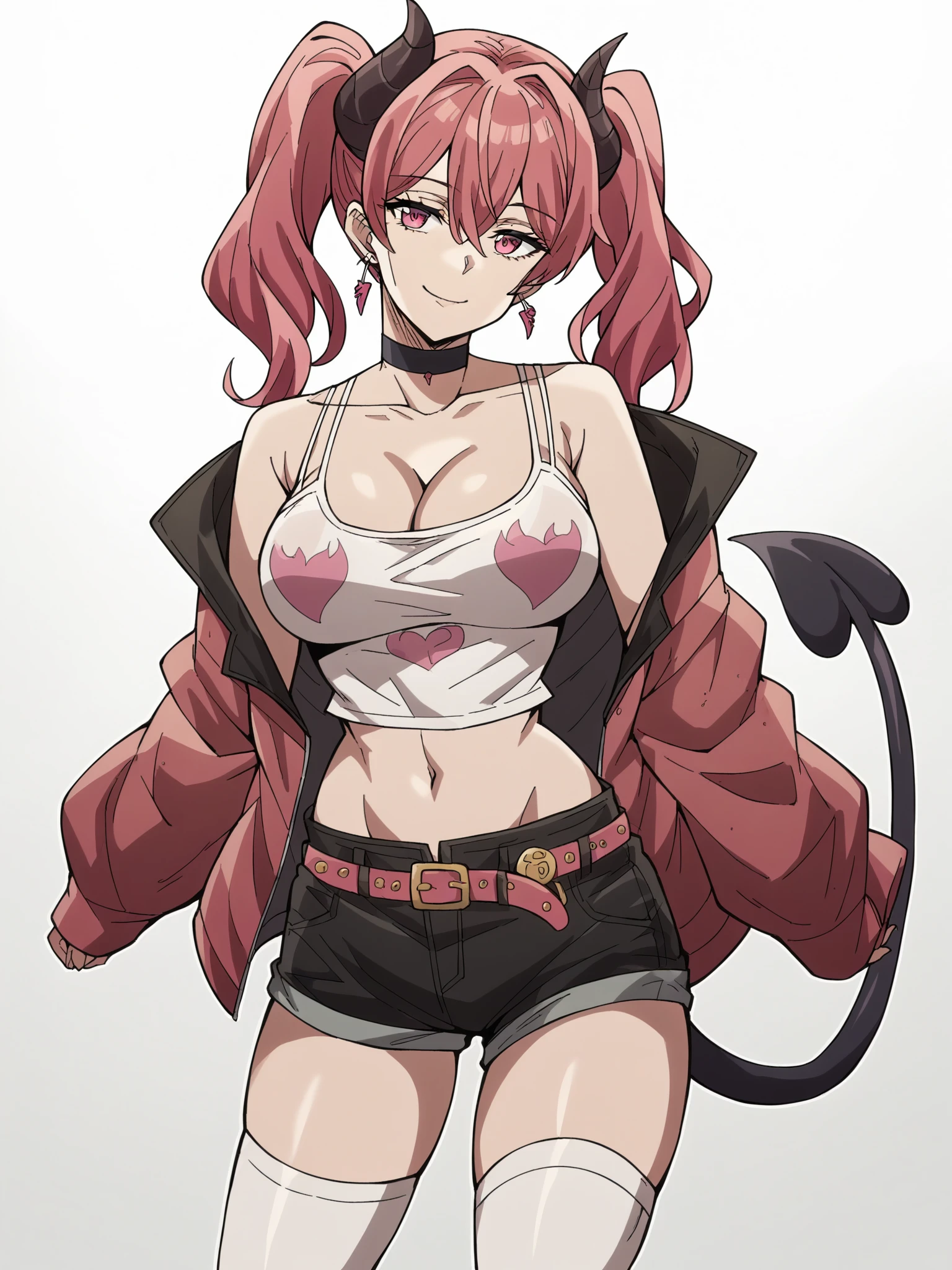 score_9, score_8_up, score_7_up, score_6_up, score_5_up,
1girl, solo, breasts, tail, pink_hair, horns, demon_tail, shorts, jacket, twintails, large_breasts, smile, looking_at_viewer, long_hair, navel, choker, black_background, pink_eyes, short_shorts, belt, demon_girl, pink_jacket, demon_horns, simple_background, tank_top, open_jacket, cleavage, black_shorts, open_clothes, thighhighs, off_shoulder, bare_shoulders, closed_mouth, head_tilt, hair_between_eyes, cowboy_shot, jewelry, micro_shorts, collarbone, black_choker, white_thighhighs, crop_top, bangs, earrings, clothes_writing, shirt, midriff, standing, see-through, contrapposto, long_sleeves,
<lora:Jojo_Stardust_Crusaders_Pony_SD8:1>