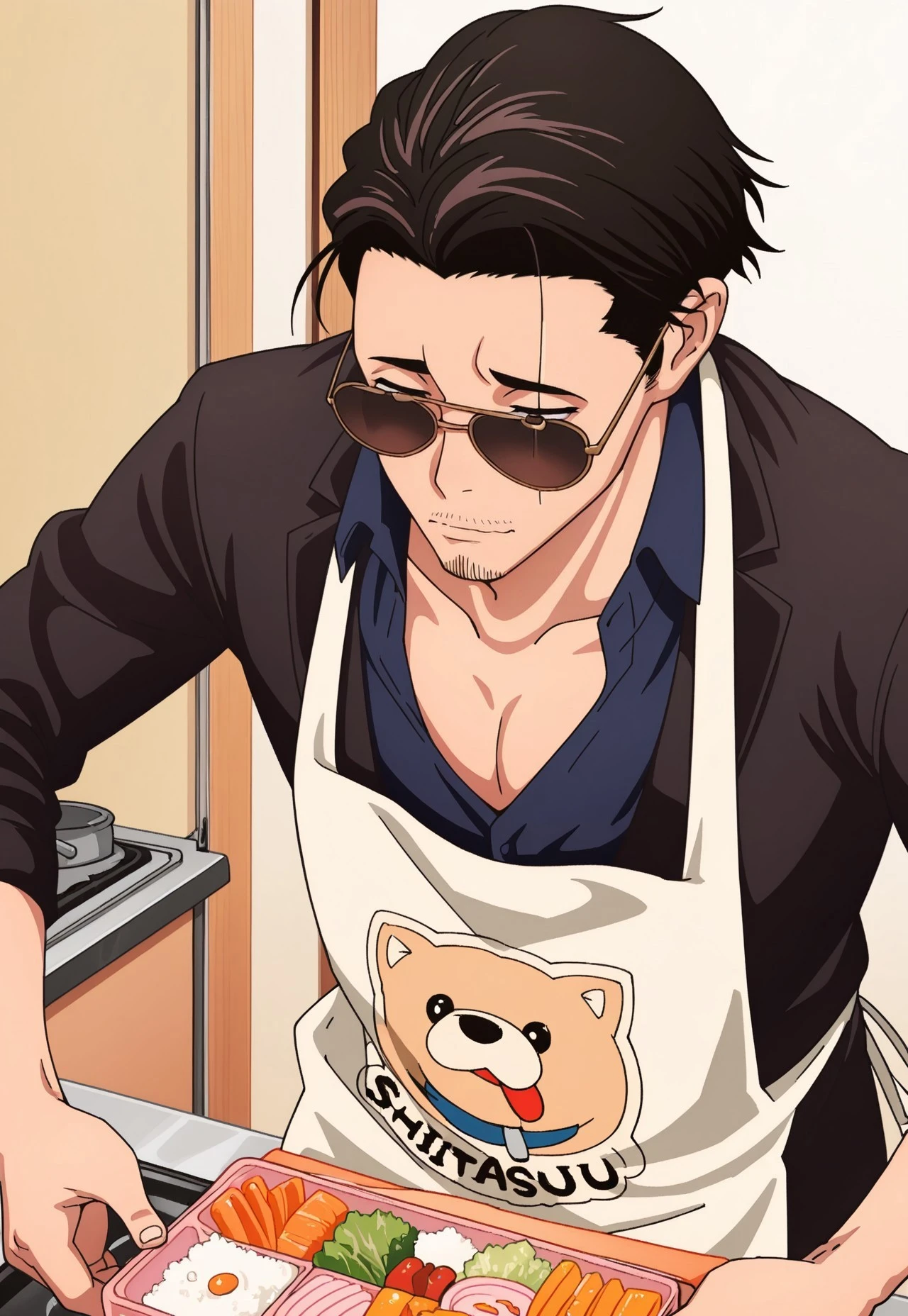 safe_pos, source_anime, rating_nsfw, ultra hd, absurdres, solo, masterpiece, best quality, best aesthetic, 1boy, male focus,
HHTatsu, black hair, facial hair, stubble, sunglasses, apron with dog logo, blue shirt, cooking, bento, kitchen