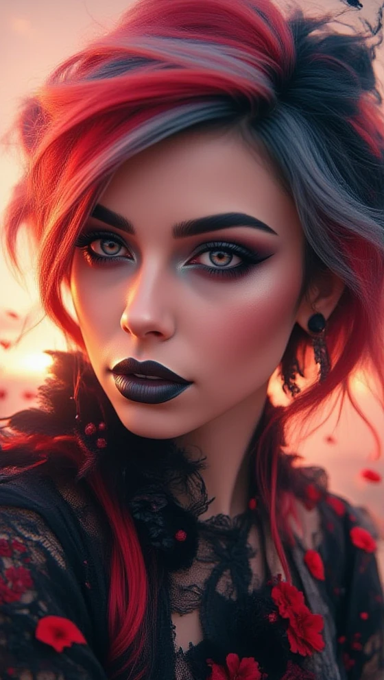 gothic 1girl, blurry, eyelashes, eyeliner, flower, gradient hair, hair flower, hair ornament, lips, lipstick, makeup, multicolored hair, open mouth, pink hair, realistic, rose, solo, teeth, two-tone hair <lora:Gothic_Girls_Flux_V2:1>