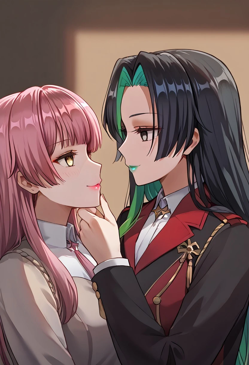 anime, two girls, adult, empty eyes, hypnotized, blank expression, expressionless, chin grab, staring at another, looking into eyes, long hair, two tone hair, sexy smile, uniform, lipstick, black lipstick, pink lipstick, purple lipstick, blue lipstick, green lipstick, yellow lipstick, red lipstick, close up, height difference