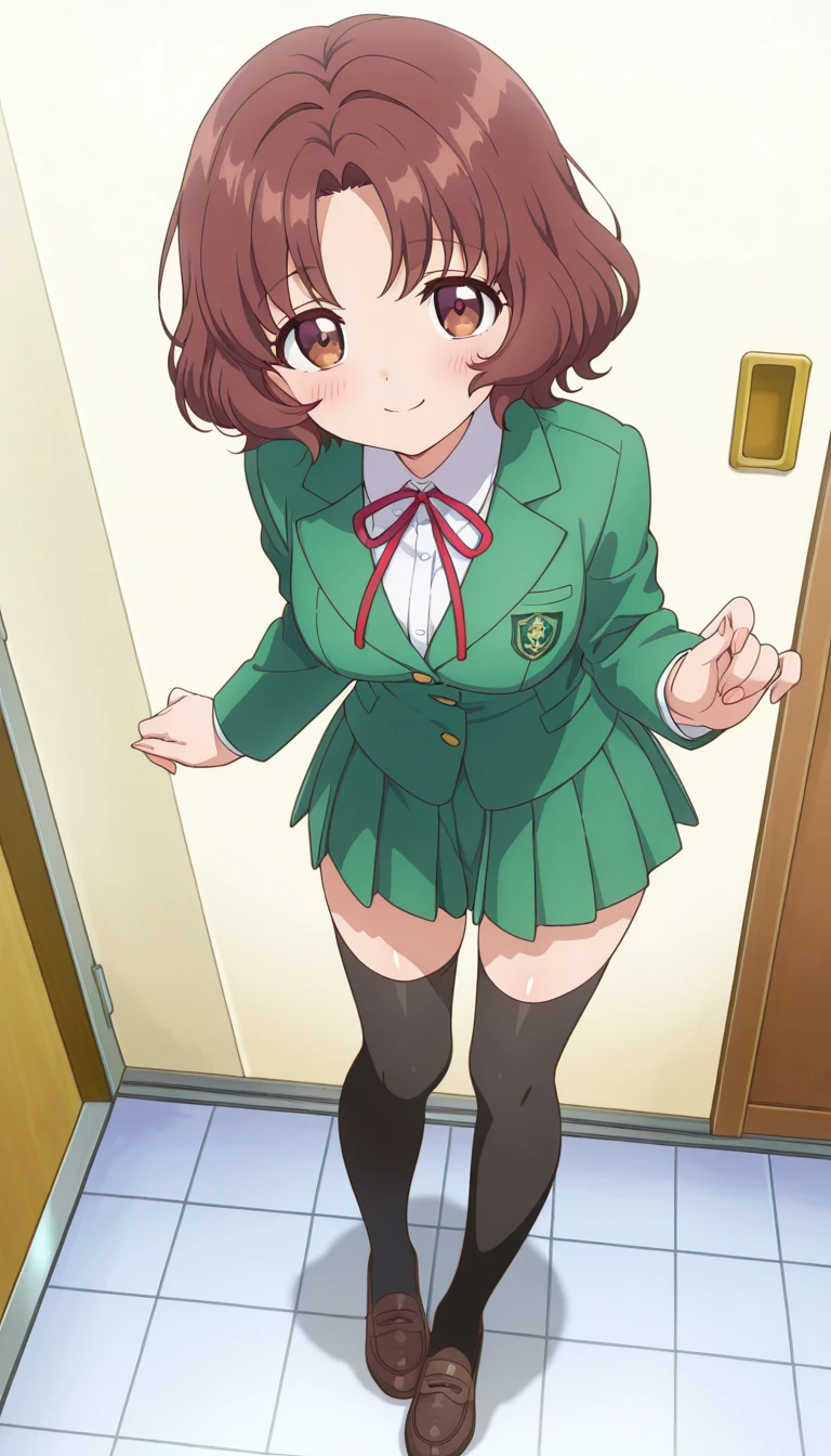 Anime girl in green school uniform standing in front of a door - SeaArt AI