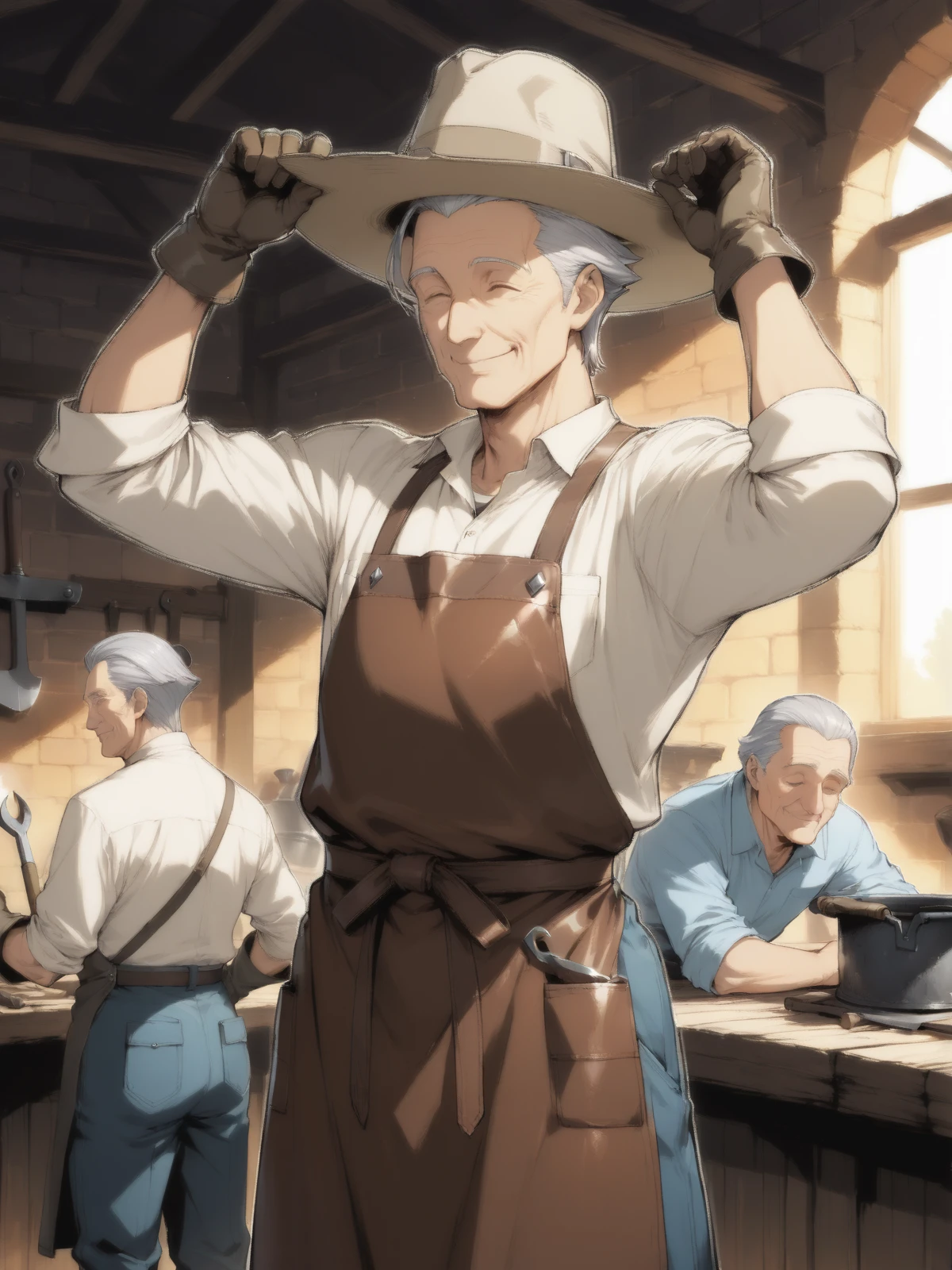 Masterpiece, clean outline, thick lines, super detailed rendering, digital tones, anime style, male focus, Middle-aged man, famous actor, square face, broad, parfect hands, short hair, silver hair, slicked back hair, slightly wrinkled skin, crisp eyes, kindness, mouth dignified, fine career, (Blacksmith), Sturdy leather apron with tool pockets, Heavy blacksmith work shirt and trousers, Protective gloves and a broad-brimmed hat, standing, smile broadly, sleeping, arms up, Medium Shot,