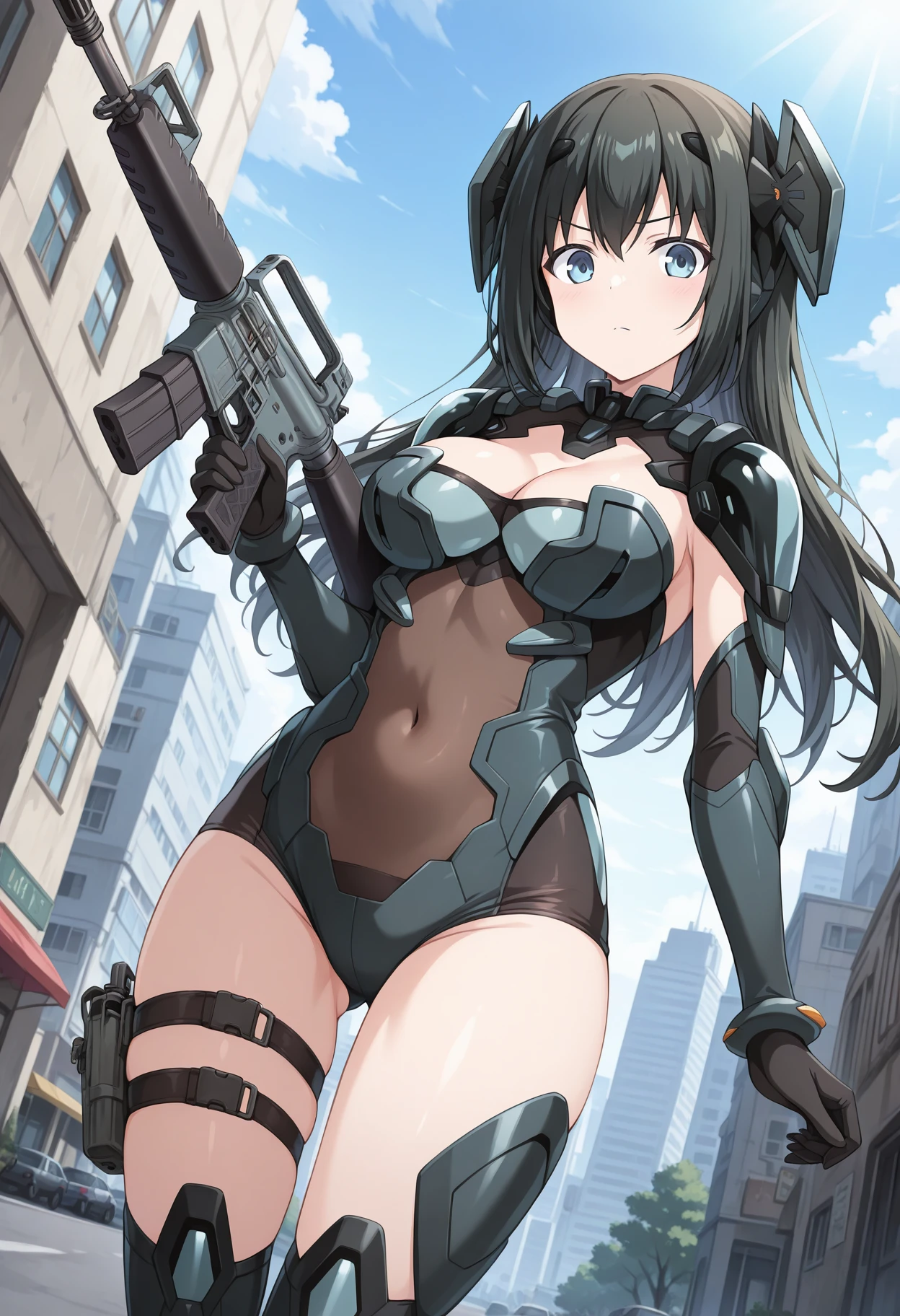 ((Seductive Anime Girl:1.2、solo:1.3))、Meticulously drawn hair, Meticulously drawn eye, Precise human body structure、((Combative posing:1.2)), ((armament:2))、((dynamism:1.3))、((dynamic angle:1.5))、((Being in battle field:1.5))、((latex micro bikini:1.3 crop top:1.3))、((sleeveless:1.5))、((crop top navel))、((highleg:1.3))、((huge breasts:1.3))、((huge hip:1.3))、((thick thighs))、curvy、((collarbone))、((cameltoe))、((Glossy realistic skin texture))、((shiny skin))、((Meticulously drawn hands))、perfect anatomy、masterpiece, ultra-detailliert, 8k, hiquality, Top image quality, Smooth texture、watercolor