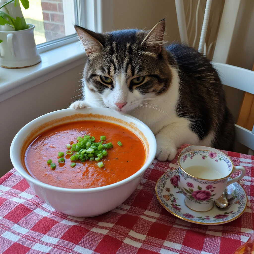 early 2010s snapshot photo captured with a phone and uploaded to facebook, A chubby tabby cat with white and brown fur sits at a table, holding a large bowl of tomato soup garnished with chopped green onions. The table is covered with a red checkered tablecloth, and next to the soup is a decorative floral teacup filled with coffee. The cat looks curious and attentive, creating a whimsical and cozy scene.