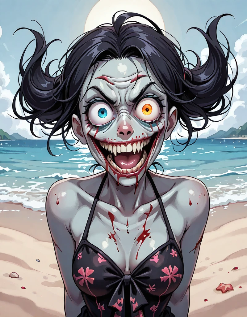 <lora:Joker_Smile:1> jsmil, zombie, on the beach, joker smile, blood,