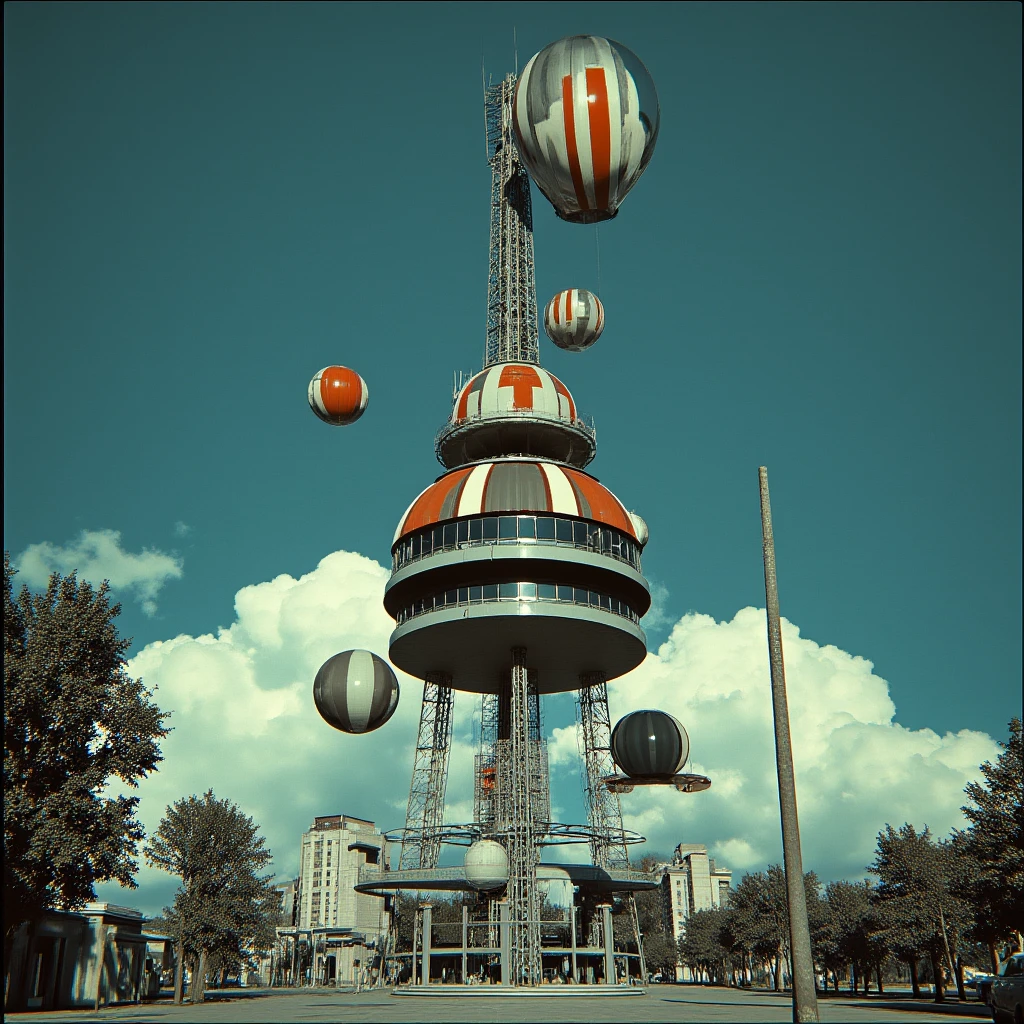ArsMovieStill, Movie still from an abstract retro future movie, The image is a digital illustration of a tall tower with a unique design. The tower is made up of multiple levels with the top level being the tallest and the bottom level being smaller. The top level has a red and white striped pattern and there are several circular objects floating around it. The objects appear to be spheres or spheres of different sizes and shapes. The background is a dark blue sky with white clouds and the tower is surrounded by trees and buildings. The overall mood of the image is surreal and dreamlike., sky, cloud, tree, outdoors, no humans, blue sky, scenery, day, traffic light, balloon