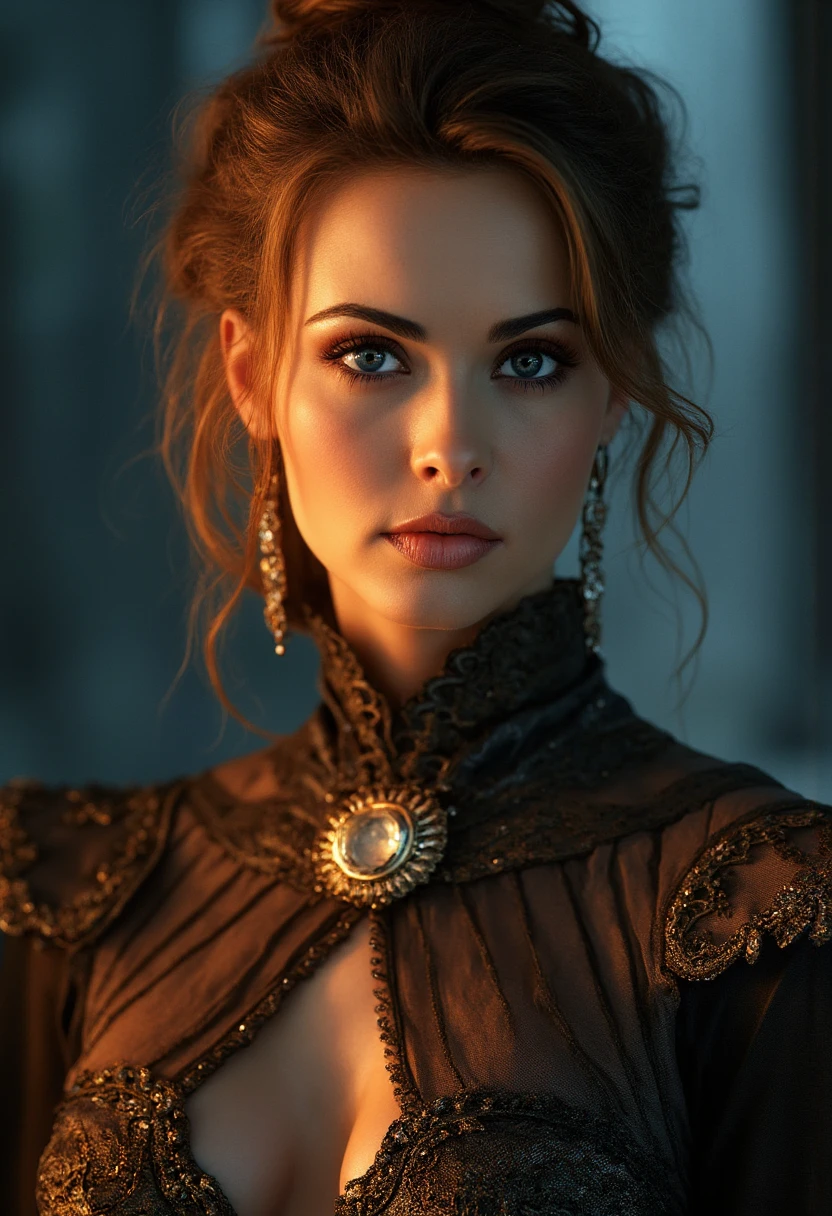 the image is a high-quality professional close up headshot  photograph  of karenmcdougal. Treimagined in a fantasy setting. Showcases an ethereal and regal atmosphere. hair styled in an intricate updo adorned with ornate golden headpieces and earrings. Her facial features are sharp and symmetrical, with a focused and determined expression.

She wears an elaborate, dark-colored gown with a high, scalloped neckline, embellished with intricate patterns and large, shimmering golden jewels, including a prominent, circular brooch at the neckline. The fabric appears to be a rich, heavy material, possibly velvet or satin, enhancing the opulent feel of the attire.

The background is a gradient of dark blue to warm orange hues, creating a dramatic contrast with Karen's attire and emphasizing her as the central focus. The lighting is soft and diffused, highlighting her facial features and the textures of her clothing, adding to the overall high aesthetic quality of the image. The composition follows the rule of thirds, with Karen positioned slightly off-center to the right, drawing the viewer's eye naturally to her face and upper body.

The image has a cinematic quality, reminiscent of high fantasy film art, with a very high level of detail and realism. The overall style is both majestic and captivating, making it visually striking.
