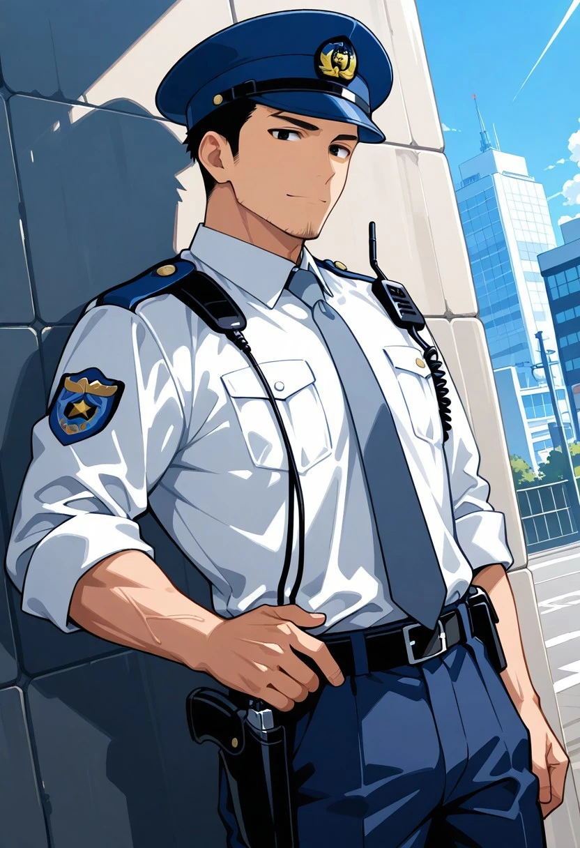 score_9, score_8_up, score_7_up, score_6_up, perfect anatomy, perfect proportions, best quality, masterpiece, high_resolution, high quality, aesthetic, absurdres, male focus, solo male, adult, mature, masculine, manly, handsome, charming, alluring, standing, upper body, dutch angle, cowboy shot, BREAK (asian male, japanese male:1.3), black eyes, black hair, short hair, facial hair, stubble, BREAK Japanese Winter Police Uniform, Japanese Police Uniform, Winter Police Uniform, male Police Uniform, HannekenJpPcWt05, white collared shirt, grey blue necktie, rank insignia, sleeves rolled up, Japanese police emblem, dark blue pants, Walkie-Talkie, hip holster, black boots, dark fatigue cap, Ryakubo cap, Ryakubo\(fatigue cap\), outdoors, japanese modern city