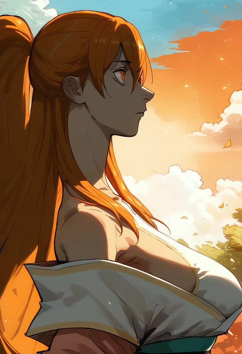 (score_9, score_8_up, score_7_up, score_6_up),
xiaoninger, 1girl, ponytail, long hair, orange hair, bangs, orange eyes, bare shoulder, breasts, collarbone, hair between eyes, white dress, kimono, sash, two tones dress, masterpiece, best quality, outdoors, dynamic angle,light particles, side view, looking away, beautiful face, mature, side boob, sky, day