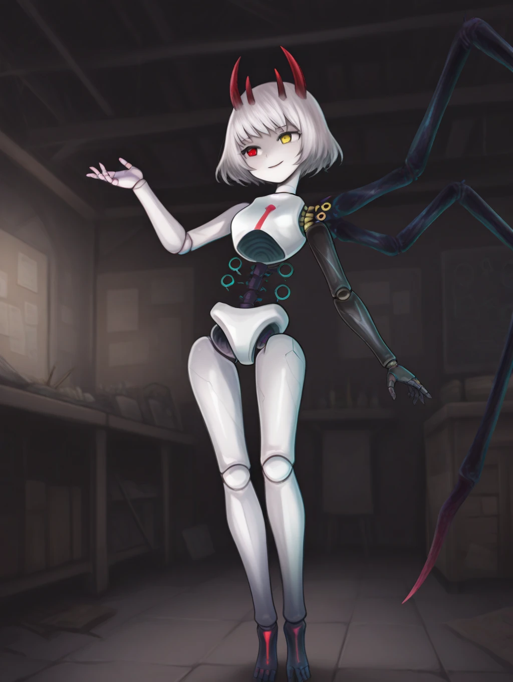 safe_pos, 

1girl, solo, Kagetsumugi, Kagepuppet, short hair, white hair, yellow eyes, red eyes, heterochromia, horns, doll joints, , one arm, prosthetic arm, insect_legs, shoulder decoration,

Standing, smile,

Indoors, workshop,

gbf_style, 748cmstyle,

BREAK,

score_9, score_8_up, score_7_up, score_6_up, dramatic lighting, soft shading, pureerosface_v1, quality, amazing quality, masterpiece, absurdres