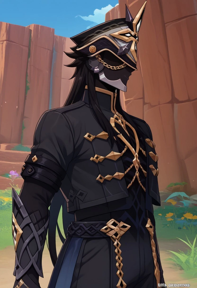 score_9, score_7_up, source_anime
ilcapitano, 1boy, male focus, solo, black hair, long hair, mask, faceless, faceless male, mask, hat, black headwear, jacket, black jacket, high collar, gold trim,
outdoor,