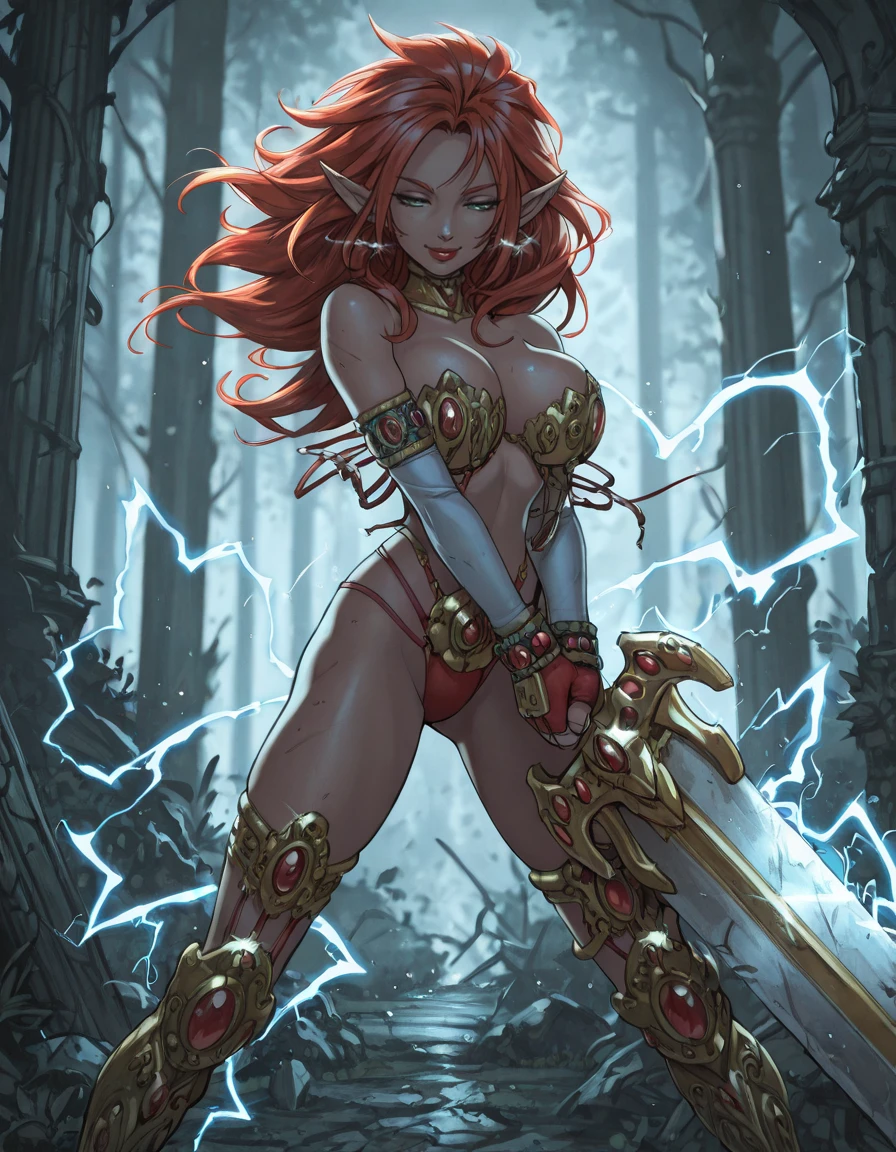 masterpiece, best quality, 1girl, solo,
victorydg,
large breasts,
Red hair, green eyes, spiked hair, pointy ears, long hair, red_lips,
elbow gloves, fingerless gloves, armor, armored boots,
straight-on , storm, , Pretending to hold a cute little umbrella ,
, smile, half-closed eyes ,
ruins, forest, lush forest, pillars, glowing, glint,
lips,
,electricity, magic,
battle, fighting stance, holding huge sword,
blurry background,
fantasy,
embedding:SmoothQuality ,