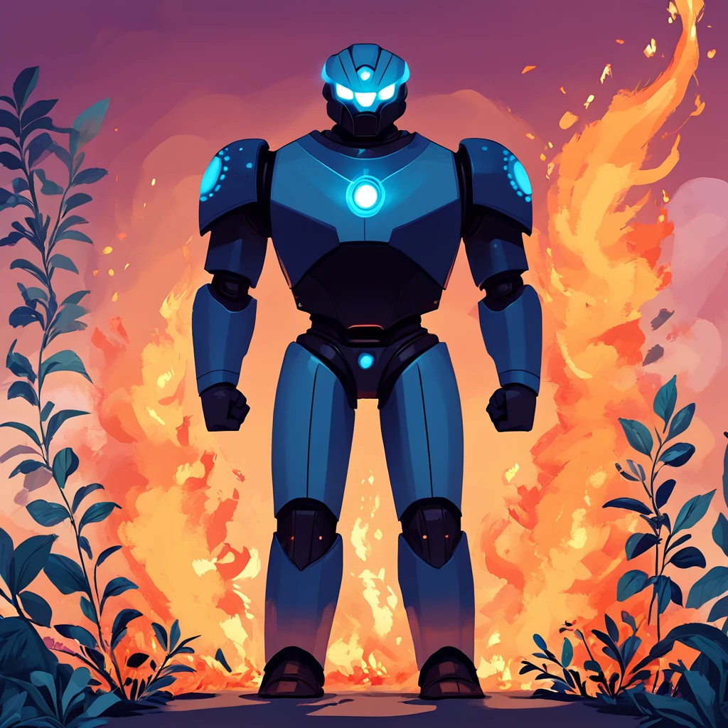 Score_9, score_8_up, score_7_up, score_6_up, BREAK <lora:Flat_Cartoon_IllustrationPony:1> ArsMJStyle, Flat Cartoon Illustration, The image shows a man in a blue suit standing in front of a vibrant sunset surrounded by lush plants. The man is animated giving the image a dynamic feel., solo, male focus, clenched hands, glowing, 1boy, standing, fire, glowing eyes, looking at viewer, robot