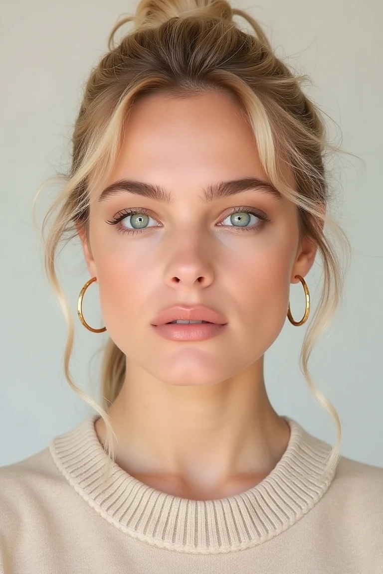 "A clean, minimalist portrait of a confident woman with striking eyes and a calm expression. She is wearing a light-colored sweater and gold hoop earrings that add a subtle touch of elegance. Her blonde hair is neatly styled complementing the simplicity of the composition. The soft, diffused lighting highlights her flawless skin and natural beauty, while the neutral background emphasizes her serene and sophisticated demeanor."