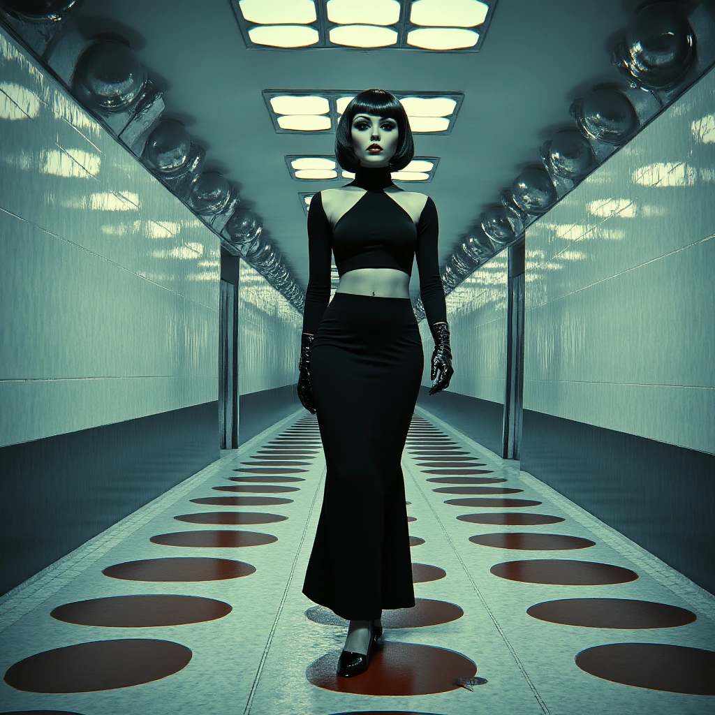 ArsMovieStill, Movie still from an abstract retro future movie, The image shows a woman standing in a subway station. She is wearing a long black dress with a high neckline and long sleeves. The dress has a high slit on the side and a high waistline. She has short black hair styled in a bob with bangs. The woman is wearing black gloves and is looking directly at the camera with a serious expression. The subway station has a long narrow corridor with red and white circles on the floor. The walls are painted white and there are several train tracks running along the length of the corridor. The ceiling is high and has multiple circular lights hanging from it. The overall mood of the image is futuristic and futuristic., 1girl, solo, black hair, short hair, gloves, midriff, skirt, makeup, crop top, walking