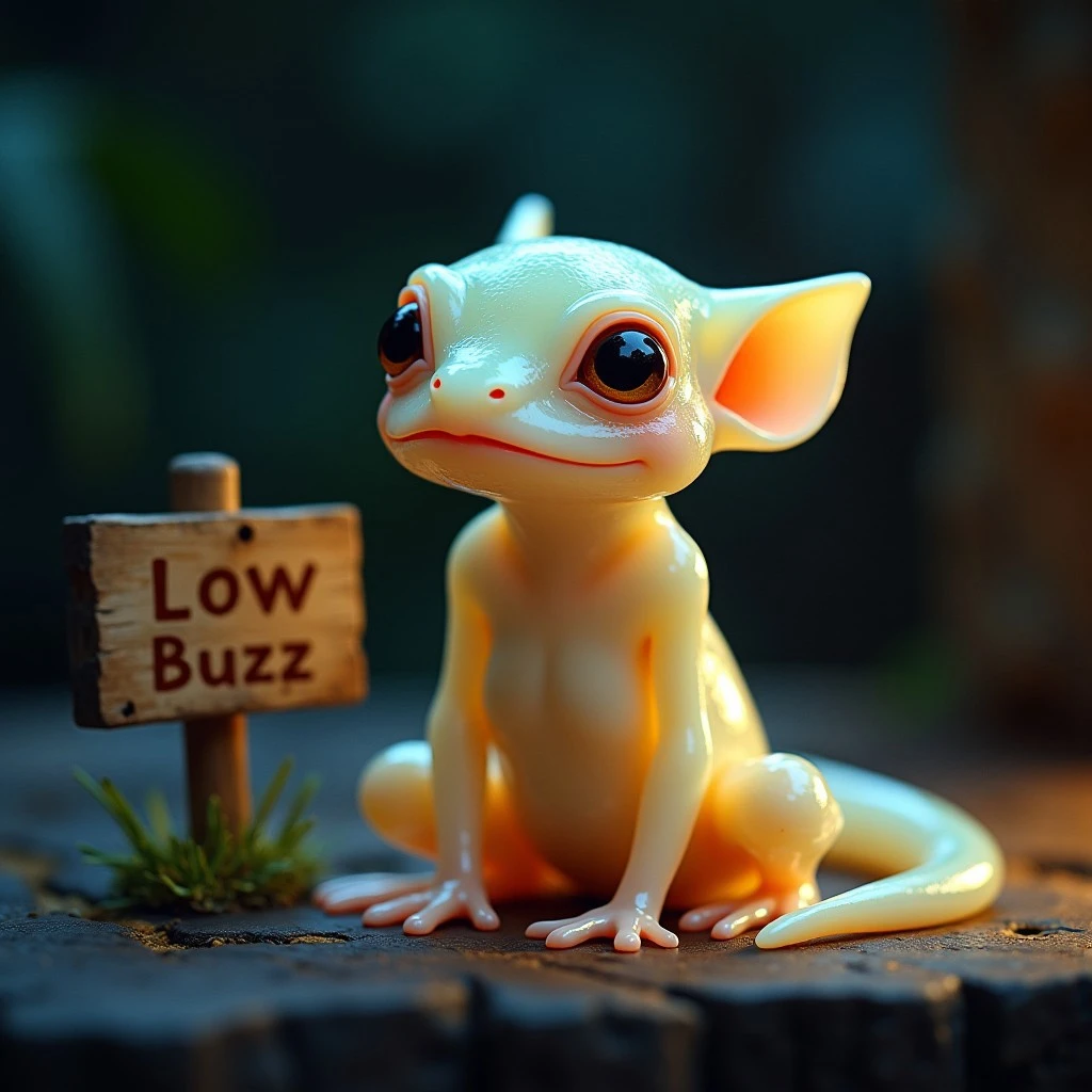 Close-up shot of a translucent iridescent kobold perched on its knees, its gelatinous limbs splayed apart. Soft, ambient lighting illuminates the scene from above, casting a warm glow over the kobold's delicate features and glistening skin. The focus is on the kobold's serene expression, with the blurred background adding depth to the composition. A wooden sign next to it that reads: "Low Buzz"