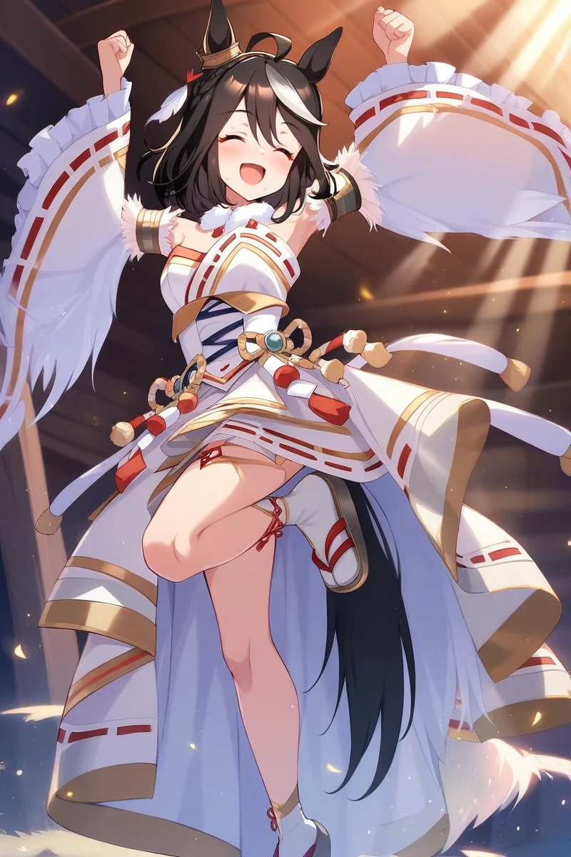 masterpiece, best quality,
kitasan black \(umamusume\), 1girl, horse ears, white frilled detached wide sleeves, full body, closed eyes, horse tail, arm up, standing on one leg, facing viewer, standing, clenched hands, bare shoulders, leg up, smile, okobo, medium hair, clenched hand, jubilant star auspicious crane, white tabi, white fur collar, armlet, two-tone thighlet, white strapless japanese dress, ear ornament
big smile,open mouth,
light rays,lens flare,light particles,outdoors
<lora:SDXL_kitasan_black_v1.0:0.9>