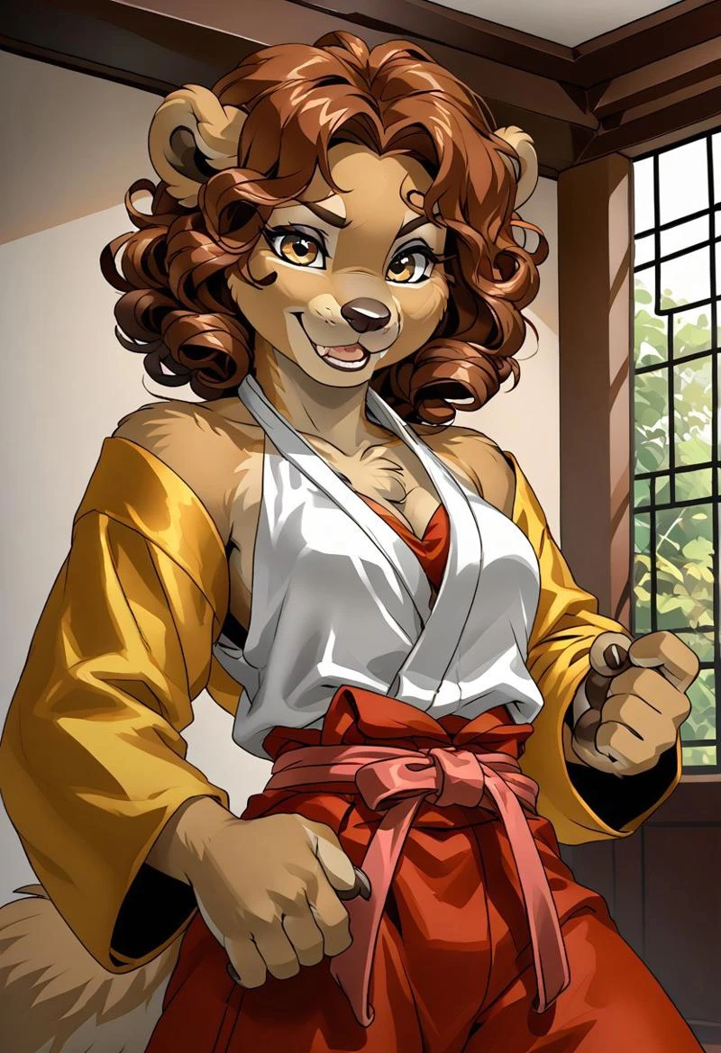score_9, score_8_up, score_7_up, (by jailbird:1.5), (by kittydee:1.5), (by zummeng:1.5), masterpiece, best quality, (solo), kinkajou,
(Furry Art: anthro: kinkajou:1.5), expressive eyes, feminine eyes, <lora:beautiful_detailed_eyes:1>, perfect face, tawny brown fur, rounded ears, prehensile tail, (brown hair:1.5), (curly hair), (curly bangs), medium breasts, (halter top shirt:1.5), (karate pants:1.5), (karate belt),