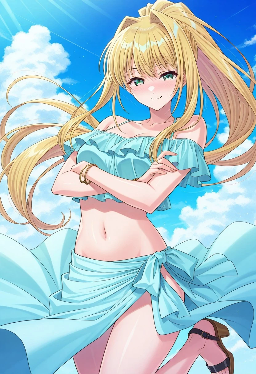 Masterpiece、Highest quality、Super detailed、1 girl、(Big Tits)、Fluffy and soft long hair、Blue Eyes、Cleavage、((Underboobを見せる))、smile、Too big soft breasts、Blonde、Underboob、Underboob、Underboob、Breasts spilling out、Naked with ribbons