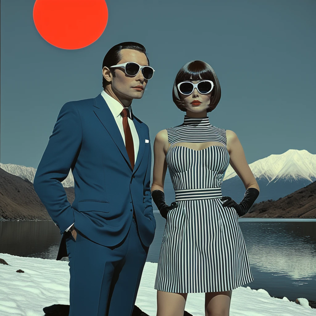 <lora:Abstract_Retro_Future_MovieSDXL:1> ArsMovieStill, Movie still from an abstract retro future movie, The image is a digital illustration of a man and a woman standing in front of a beautiful landscape with mountains in the background. The woman is on the left side of the image wearing a black and white striped dress and sunglasses. She has her hair styled in a sleek bob and is looking off to the side with a serious expression on her face. The man is standing on the right side also wearing a blue suit and sunglasses with his hands in his pockets. He is looking towards the horizon with a slight smile on his face. The background is a deep blue sky with a large red circle in the center which appears to be a sun or a moon. The mountains are covered in snow and there is a body of water in the foreground. The overall color scheme is predominantly blue and red with some hints of green and yellow. The image has a surreal and dreamlike quality to it., 1girl, 1boy, sunglasses, short hair, black hair, mountain, gloves, parody, breasts, mount fuji