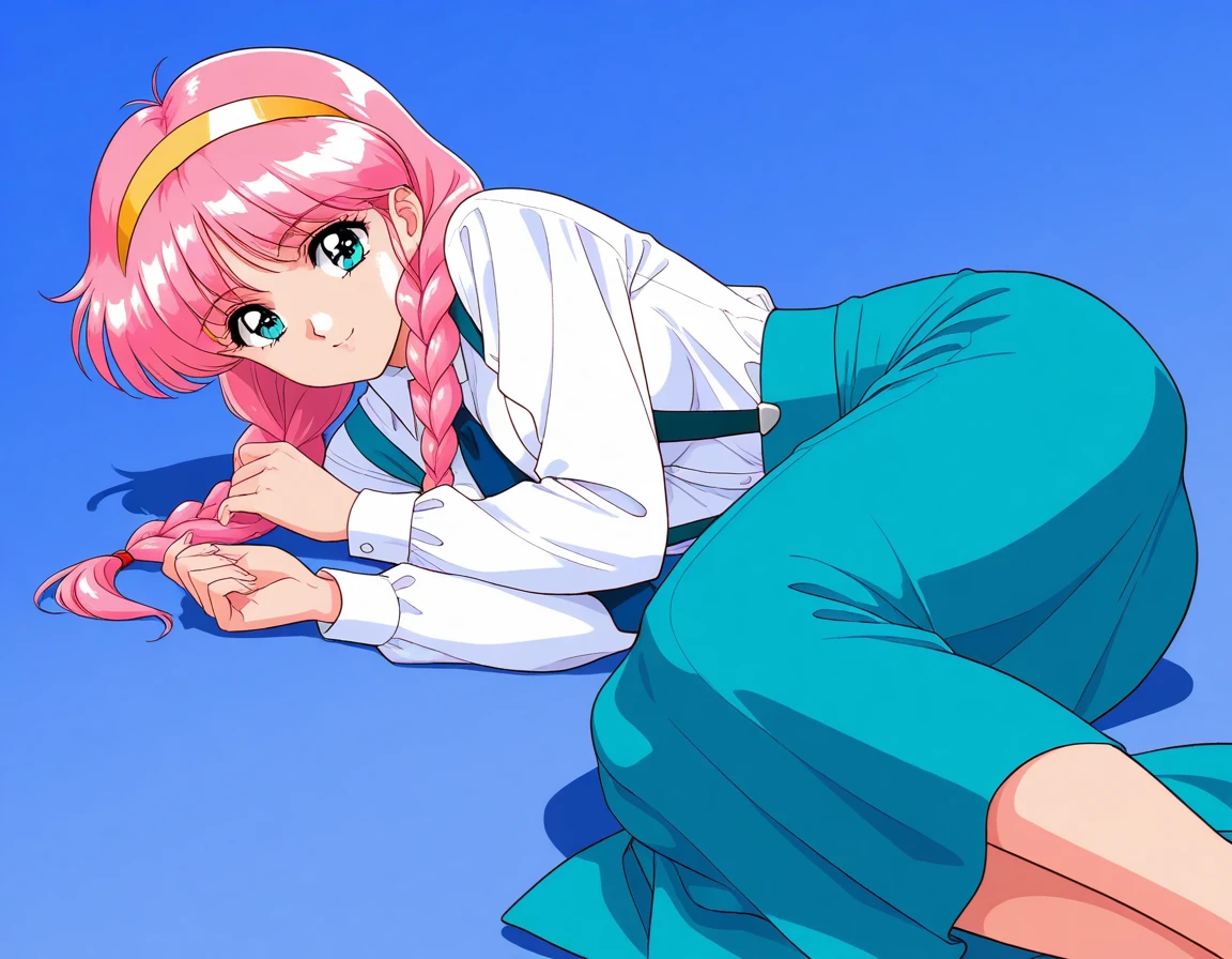 general,highres, ultra-detailed,very aesthetic,best quality ,best hands, BREAK <lora:NingyouTsukai_IS:1> retro artstyle,
lee, 1girl,solo, Yellow hairband, long hair, twin braids, 1990s (style), pink hair, medium breasts, retro artstyle,
necktie, long sleeves, suspenders, skirt, long skirt, looking at viewer, hair over shoulder, shirt, lying, blue eyes, aqua eyes, blue skirt, blue background, white shirt, feet out of frame, aqua skirt, smile, bangs, on side, twintails