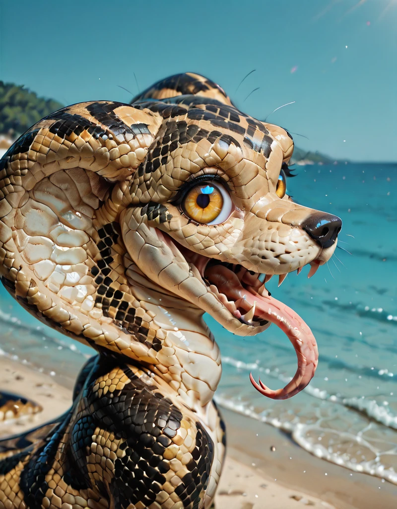 snakedog, <lora:Snake_Dog:1>, huge eyes, looking at viewer, on the beach, cute, from side, wide open mouth, forked tongue, with a cute anime young woman