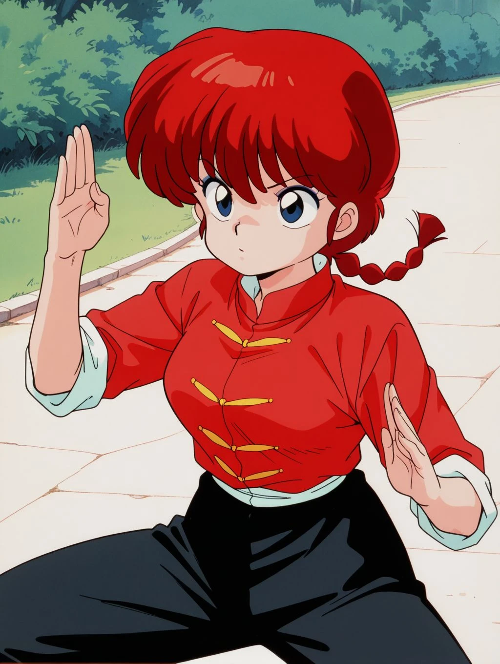masterpiece, best quality, newest, absurdres, highres, detailed eyes, beautiful, detailed background, perfect eyes, anime coloring, retro artstyle, 1990s \(style\), 1girl, solo, ranma-chan, red hair, long hair, single braid, blue eyes, medium breasts, chinese clothes, tangzhuan, red shirt, (sleeves rolled up:1.3), black pants, (outdoors, fighting stance), <lora:r4nm4_c_rnm-08:0.8>