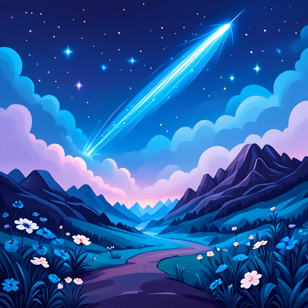 Score_9, score_8_up, score_7_up, score_6_up, BREAK <lora:Flat_Cartoon_IllustrationPony:1> ArsMJStyle, Flat Cartoon Illustration, The image shows a cartoon landscape with a shooting star in the sky over a mountain range. The sky is filled with stars and clouds and the ground is covered with plants and flowers., no humans, sky, night, star (sky), flower, scenery, outdoors, starry sky, night sky, grass
