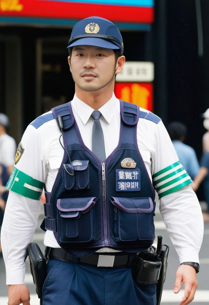 score_9, score_8_up, score_7_up, score_6_up, perfect anatomy, perfect proportions, best quality, masterpiece, high_resolution, high quality, aesthetic, absurdres, (male focus, solo male, adult, mature, masculine, manly, virile, hunky, macho, beefy, gay, homo, bara), handsome, charming, alluring, BREAK (asian male, japanese male:1.3), black eyes, black hair, short hair, facial hair, stubble, BREAK HannekenJpPcWt06, white collared shirt, grey blue necktie, tucked shirt, Taijinbogofuku vest, stab vest, safety vest, rank insignia, sleeves rolled up, dark blue pants, (fatigue cap, Ryakubo cap), single traffic armband, Walkie-Talkie, hip holste, BREAK realistic shading, standing, solo focus, upper body, dutch angle, cowboy shot, view from front, guarded posture, hands behind back, outdoors, japanese modern city, intersection, traffic, crowd, pedestrian, blurred background, movie still, perfect face, vibrant, vivid, stardom, glamorous, retro, old fashioned, old technicolor film style, film grain, aged film stock, extraordinary achievement, award-winning, expressionist, cinematic, dynamic, cinematic still, emotional, harmonious, vignette, bokeh, cinemascope, moody, epic, gorgeous