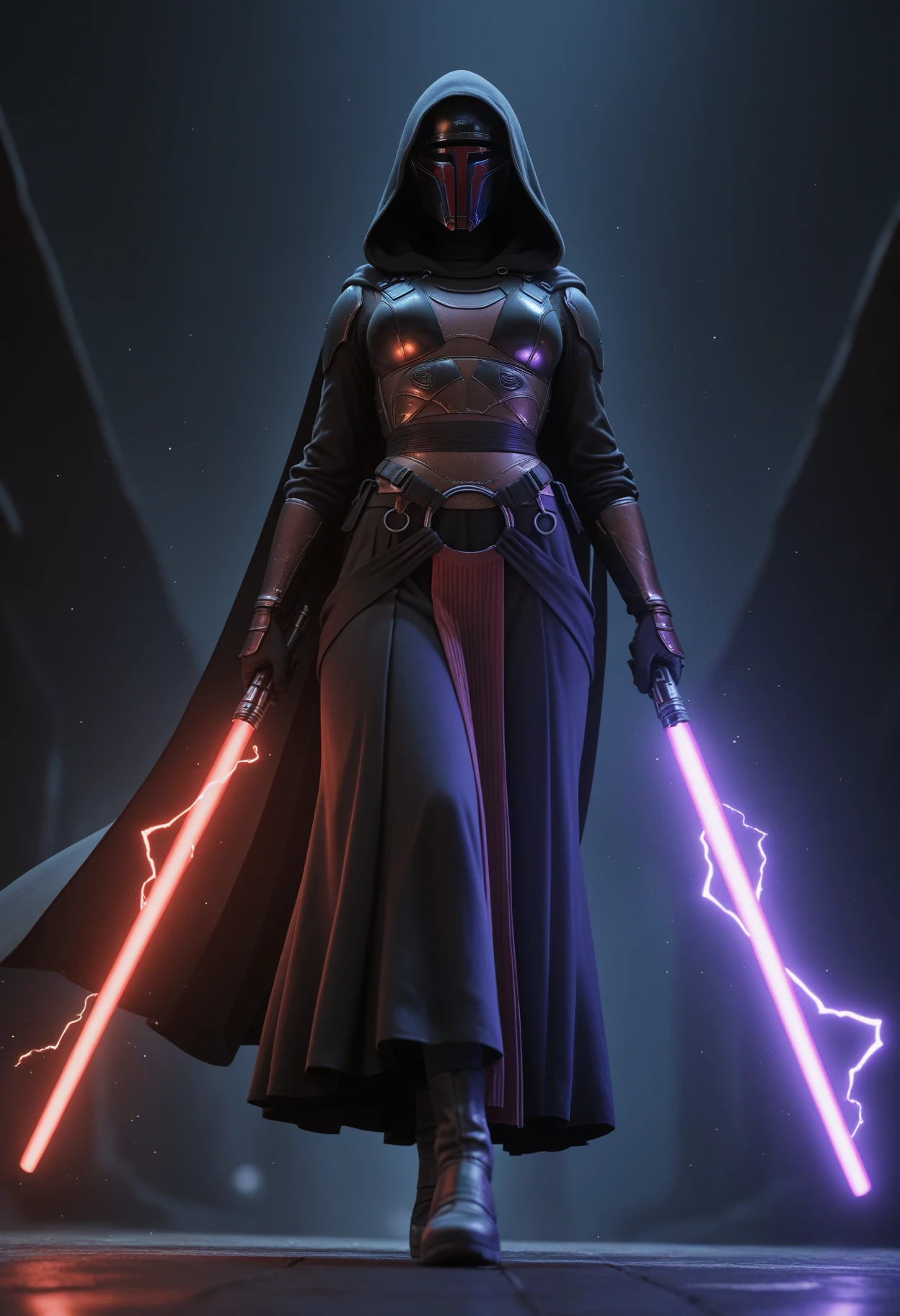 ((masterpiece, best quality, newest, absurdres, highres)),
1girl, solo,
star wars, simple background, dark background, light particles, energy, purple lightning,
walking, outstretched arms, holding lightsaber, dual wielding:reverse grip, purple lightsaber, red lightsaber,
looking at viewer,
from below, dutch angle, depth of field, realistic,
<lora:Dark_RevanArmor_Illust:0.7> d4rkr3v4n4rm0r, black robe, cape, hood up, mandalorian helmet, breastplate, gauntlets, belt, belt boots,