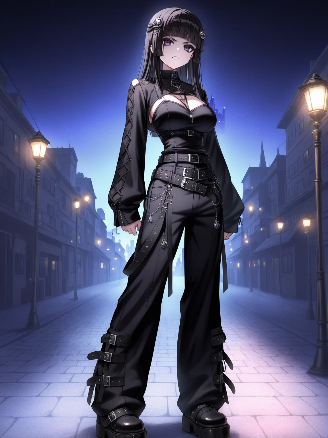 Masterpiece,best quality,vector art,large breasts,shrug (clothing),city background at night, strobe lights,gothic,gothic makeup,
edgGrunge, 1girl, solo, long hair, black hair, hair ornament, full body, boots, belt, pants, blunt bangs, fashion ,wearing edgGrunge_clothing,teeth,serious,middle finger
<lora:edgGrungeFreestyleILS:1> <lora:edgGrungeFreestyleILS-000001:0.5>