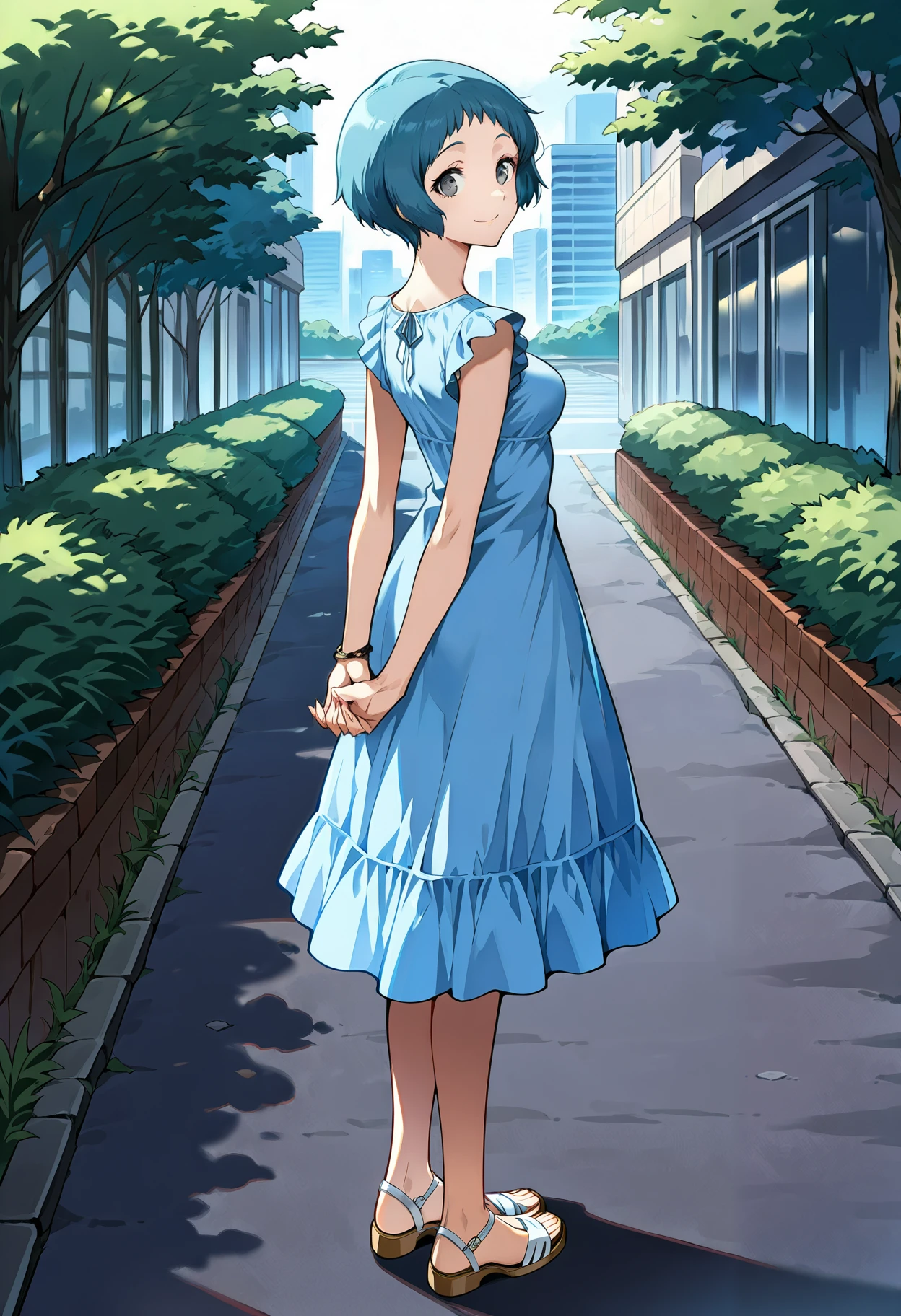 (masterwork, masterpiece, best quality, hyper-detailed :1.2),
1 girl, solo, cute face,
p3fuuka, yamagishi fuuka, short hair, aqua hair, gray eyes,
p3fuuka-sumcas,dress, blue dress, sundress, casual, bracelet, sandals
outdoors, city, trees, greenery, standing, full body shot, looking at viewer, smile, side view, arms behind back,