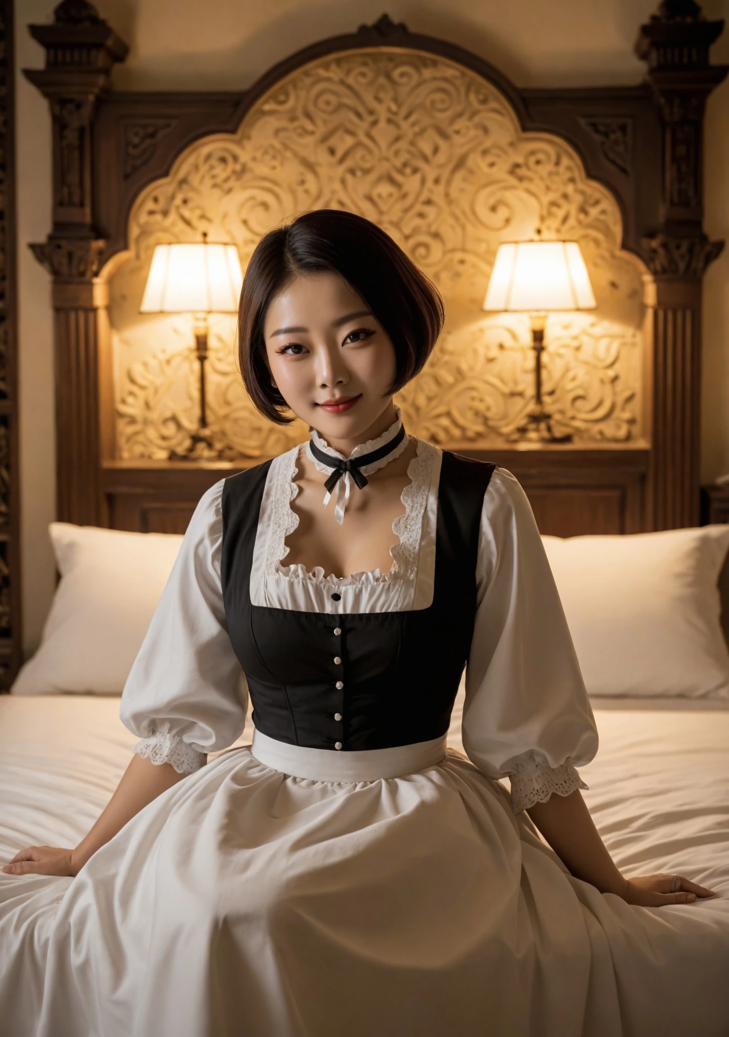 score_9, score_8, score_7, saultry lustful perverted smirking korean girl in a sexy french maid outfit with short bob cut sits on a bed in a king's palace in seductive sunset lighting