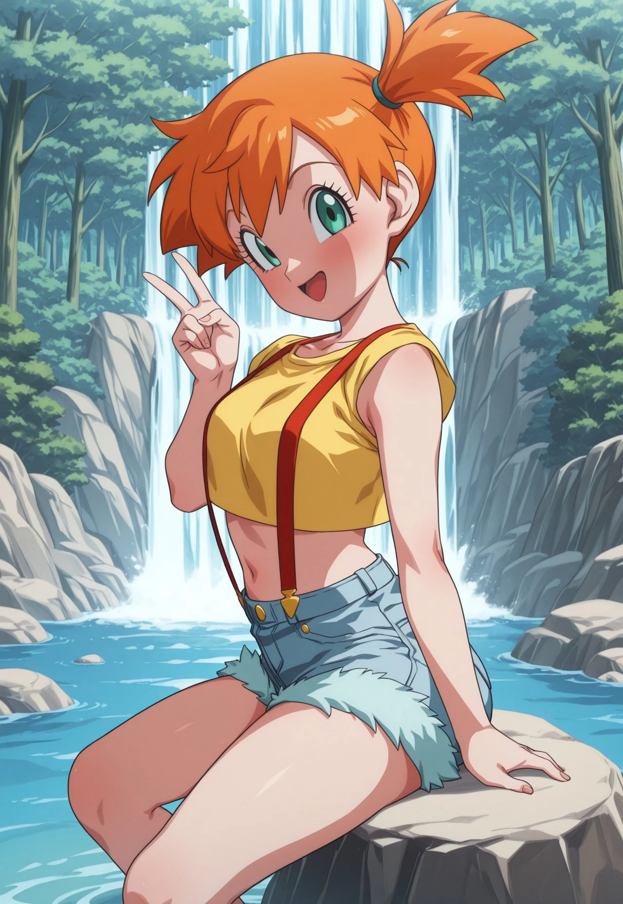 score_9, score_8_up, score_7_up, score_6_up, masterpiece, best quality, vibrant colors, beautiful shading, very aesthetic, absurdres, Rom@_ArtStyle, anime coloring, anime screencap, absurd res, 1girl, misty (pokemon), orange hair, solo, shorts, suspenders, side ponytail, orange hair, midriff, yellow crop top, navel, short hair, denim, denim shorts, v double v, smile, happy, :D, sitting on rock, feet in water, outdoors, waterfall, forest, looking at viewer, side view, <lora:Rom_Art_Style_for_Illustrious_v4.0:1>, masterpiece, best quality, vibrant colors, beautiful shading, amazing quality, very aesthetic, high resolution, ultra-detailed, absurdres, newest, volumetric lighting,