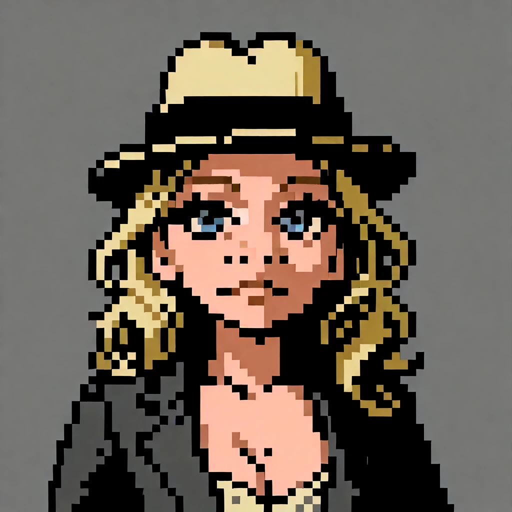 <lora:NES - Dick Tracy Mugshots - 1990 - Epoch 5:0.9> dick_tracy_mugshot, gray_background, pixel_art, low_color,  <lora:Miss_Piggy_Pony:1> 1girl, solo, blue eyes, miss piggy, fedora, closed mouth, long hair, blonde hair, looking at viewer, upper body a woman in a park, shirt, upper body, cleavage,, source_cartoon, score_9, score_8_up, score_7_up, score_6_up,