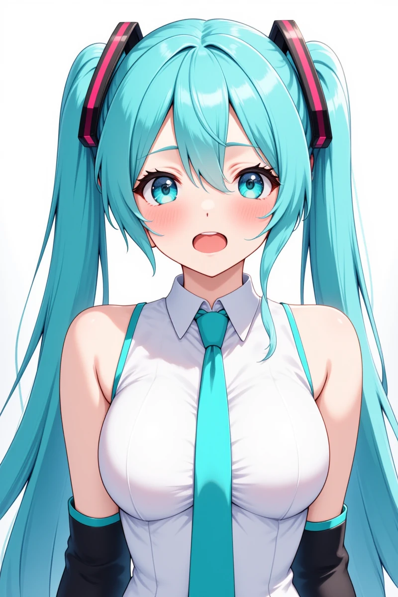 Anime_Arts,Anime_Era,hatsune miku, aqua eyes, aqua hair, vocaloid, detached sleeves, sfw, solo, long hair, twintails, 1girl, necktie, open mouth, bare shoulders, aqua necktie, looking at viewer, bare arms, detached collar, blush, breasts, very long hair, large breasts, cleavage, bare shoulder blades, upper body, bare arms, bare back, cowboy shot, hatsune miku (cosplay), cosplay, bare collarbone