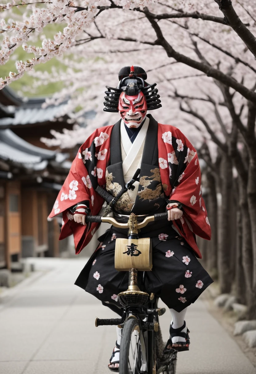 <lora:Kabuki_Face_SDXL_Panache:0.7> 1boy riding bicycle, cherry trees,
kabuk1, oni, mask, japanese armor, katana, kimono, hakama