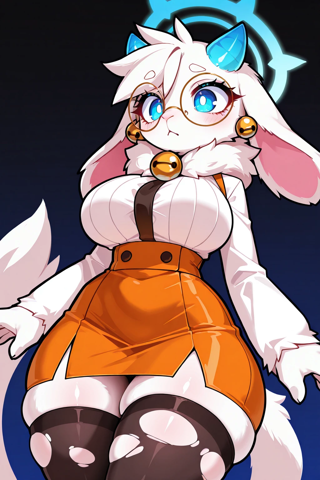masterpiece, high quality, best quality, hi res, digital media \(artwork\), <lora:Angela-Illus:1>, goat, caprine, floppy ears, , blue eyes, white fur, white body, bell collar, neck tuft, round glasses, blue horn, tall, thick thighs, wide , bells, long tail, orange skirt, pencil skirt, thigh highs, halo, torn stockings, by magnaluna