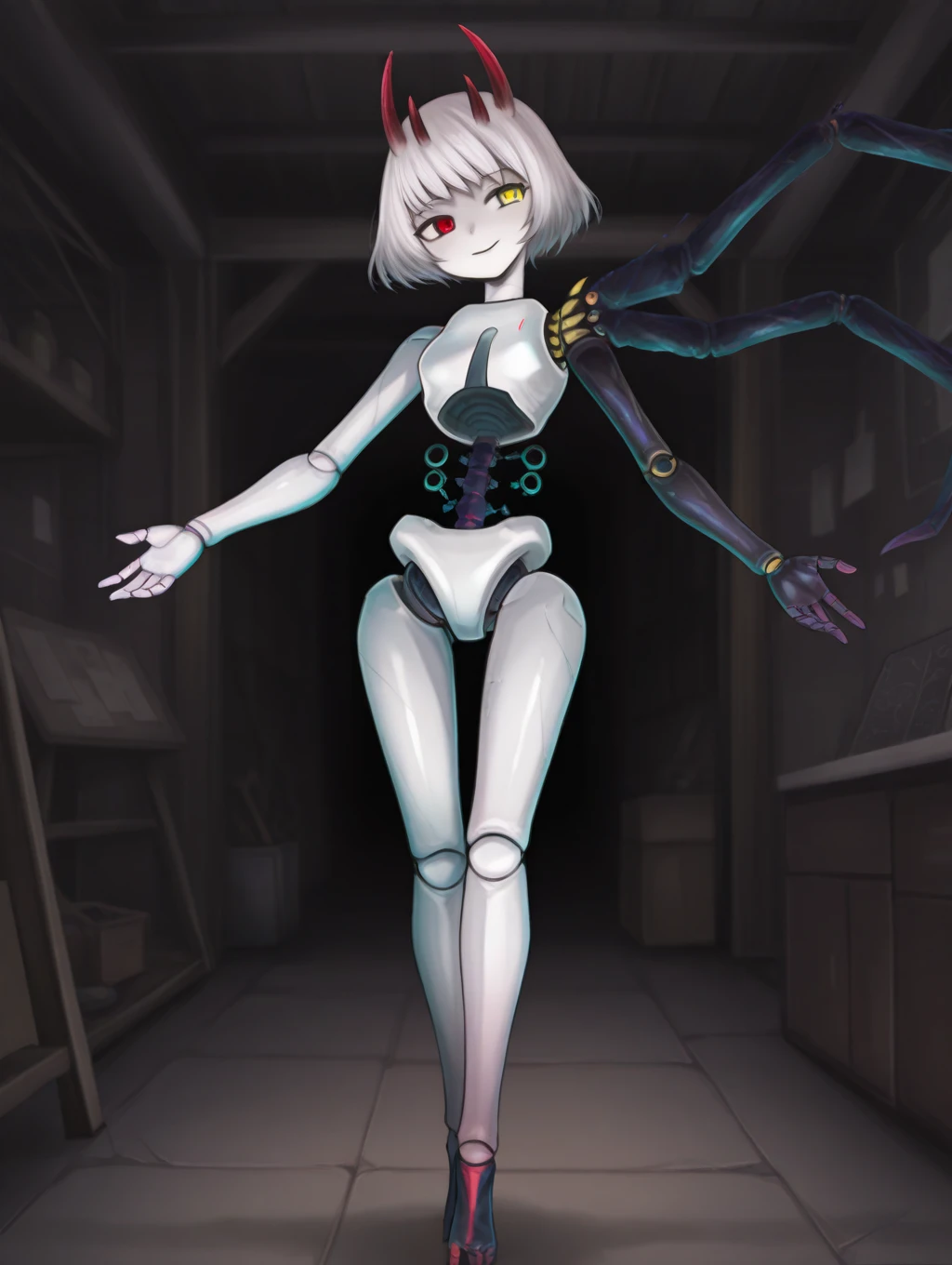 safe_pos,
1girl, solo, Kagetsumugi, Kagepuppet, short hair, white hair, yellow eyes, red eyes, heterochromia, horns, doll joints, , one arm, prosthetic arm, insect_legs, shoulder decoration,
Standing, smile,
Indoors, workshop,
gbf_style, 748cmstyle,
BREAK,
score_9, score_8_up, score_7_up, score_6_up, dramatic lighting, soft shading, pureerosface_v1, quality, amazing quality, masterpiece, absurdres