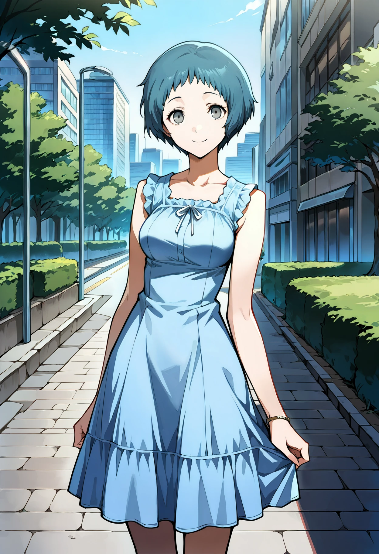 (masterwork, masterpiece, best quality, hyper-detailed :1.2),
1 girl, solo, cute face,
p3fuuka, yamagishi fuuka, short hair, aqua hair, gray eyes,
p3fuuka-sumcas,dress, blue dress, sundress, casual, bracelet
outdoors, cityscape, trees, greenery, standing, cowboy shot, looking at viewer, smile,