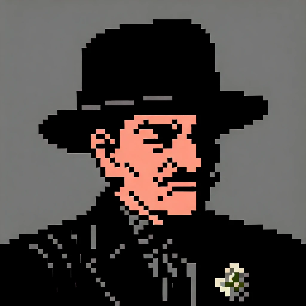 <lora:NES - Dick Tracy Mugshots - 1990 - Epoch 5:0.85> dick_tracy_mugshot, gray_background, pixel_art, low_color, light skin, dark suit, frown, shadow on face, fedora, 1boy, gangster, pinstripe suit, mustache, boutonniere,, source_cartoon, score_9, score_8_up, score_7_up, score_6_up,
