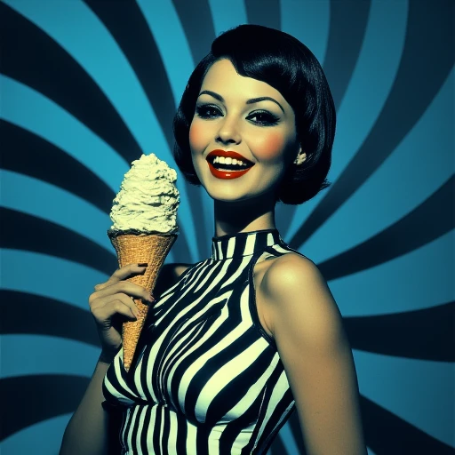 ArsMovieStill, Movie still from an abstract retro future movie, The image is a portrait of a young woman with short styled hair. She is wearing a black and white striped dress with a high neckline. The woman is holding an ice cream cone in her hand and is looking directly at the camera with a seductive expression. The background is a blue and black striped pattern. The overall mood of the image is glamorous and provocative., 1girl, solo, food, makeup, ice cream, smile, ice cream cone, lipstick, black hair, red lips
